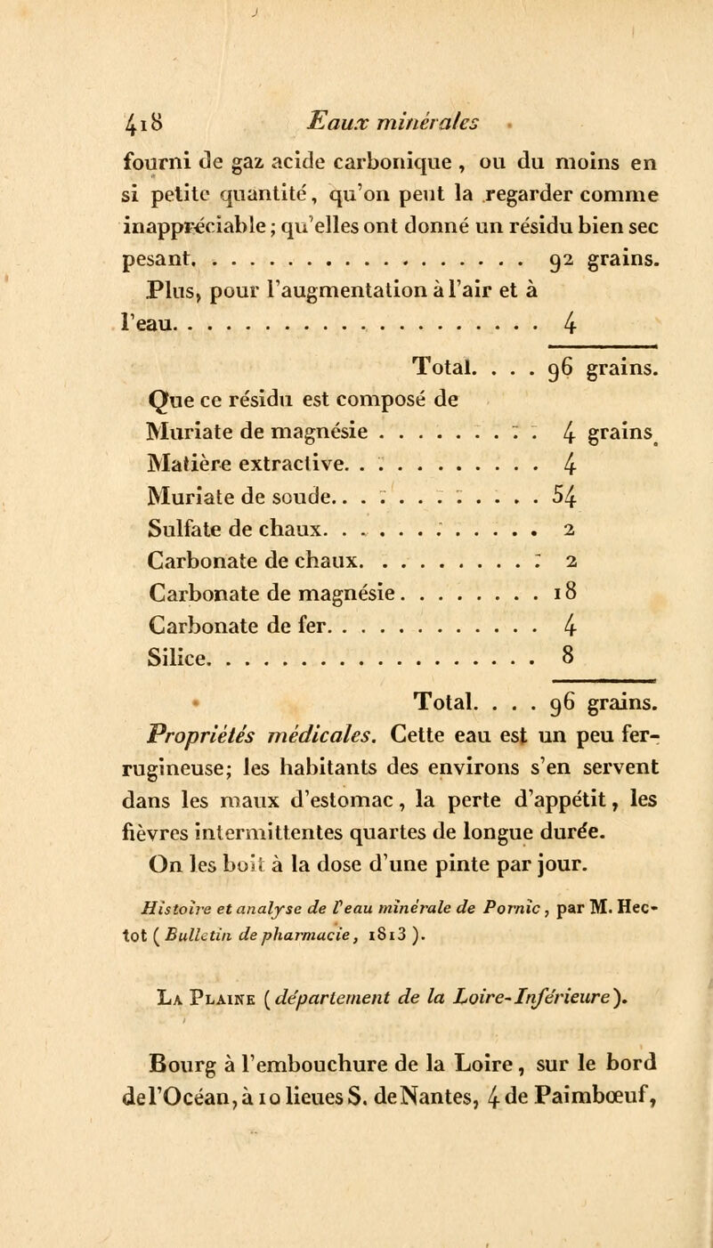 fourni de gaz acide carbonique , ou du moins en si petite quantité, qu'on peut la regarder comme inappréciable ; qu'elles ont donné un résidu bien sec pesant 92 grains. Plus, pour l'augmentation à l'air et à l'eau 4 Total. ... 96 grains. Que ce résidu est composé de Muriate de magnésie : . 4 grains Matière extraclive. . '.' 4 Muriate de soude............ 54 Sulfate de chaux. 2 Carbonate de chaux : 2 Carbonate de magnésie 18 Carbonate de fer 4 Silice 8 Total. ... 96 grains. Propriétés médicales. Cette eau est un peu fer- rugineuse; les habitants des environs s'en servent dans les maux d'estomac, la perte d'appétit, les fièvres intermittentes quartes de longue durée. On les boii à la dose d'une pinte par jour. Histoire et analyse de Veau minérale de Pornîc, par M. Hec- tot (Bulletin de pharmacie, i8i3 ). La Plaine (département de la Loire-Inférieure). Bourg à l'embouchure de la Loire, sur le bord dei'Océan,àio lieues S. de Nantes, 4 de Paimbœuf,