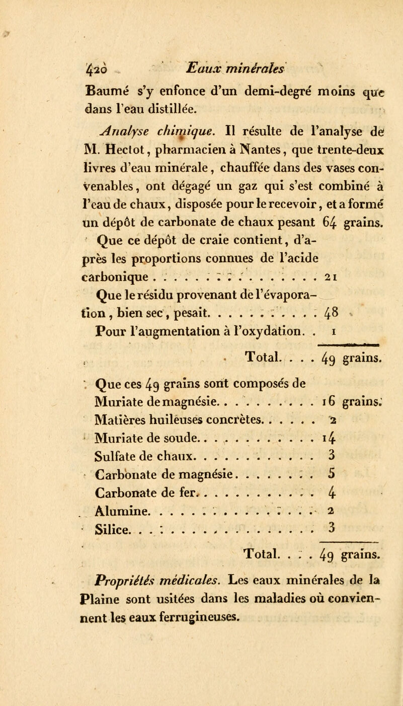 Baume s'y enfonce d'un demi-degré moins que dans l'eau distillée. Analyse chimique. Il résulte de l'analyse de M. Hectot, pharmacien à Nantes, que trente-deux livres d'eau minérale, chauffée dans des vases con- venables , ont dégagé un gaz qui s'est combiné à l'eau de chaux, disposée pour le recevoir, et a formé un dépôt de carbonate de chaux pesant 64 grains. Que ce dépôt de craie contient, d'a- près les proportions connues de l'acide carbonique......::........ 21 Que le résidu provenant del'évapora- tion, bien sec, pesait. .......... Ifi Pour l'augmentation à l'oxydation. . 1 Total. ... 49 grains. Que ces 4g grains sont composés de Muriate de magnésie. . ........ 16 grains. Matières huileuses concrètes 2 Muriate de soude i4 Sulfate de chaux 3 Carbonate de magnésie : . 5 Carbonate de fer . . 4 Alumine :...• 2 Silice. . . '. 3 Total. ... 49 grains. Propriétés médicales. Les eaux minérales de la Plaine sont usitées dans les maladies où convien- nent les eaux ferrugineuses.