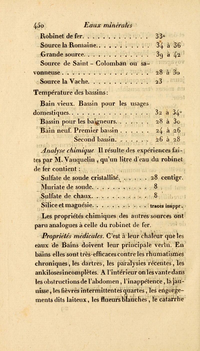 Robinet de fer 33° Source la Romaine 34 à 36 Grande source 3o, à l^i Source de Saint - Colombân ou sa- vonneuse 28 à 3o Source la Vache 23 Température des bassins : Bain vieux. Bassin pour les usages domestiques 32 à 34° Bassin pour les baigneurs. 28 à 3o Bain neuf. Premier bassin 24 à 26 Second bassin 26 à 28 Analyse chimique. Il re'sulte des expériences fai- tes par M. Vauquelin , qu'un litre d'eau du robinet de fer contient : Sulfate de soude cristallisé. 28 centigr. Muriate de soude 8 Sulfate de chaux 8 Silice et magnésie traces inappr. Les propriétés chimiques des autres sources ont paru analogues à celle du robinet de fer. Propriétés médicales. C'est à leur chaleur que les eaux de Bains doivent leur principale vertu. En bains elles sont très-efficaces contre les rhumatismes chroniques, les dartres, les paralysies récentes, les ankiloses incomplètes. A l'intérieur on les vante dans les obstructions de l'abdomen, l'inappétence, la jau- nisse, les fièvres intermittentes quartes, les engorge- ments dits laiteux, les flueursblanches , le catarrhe