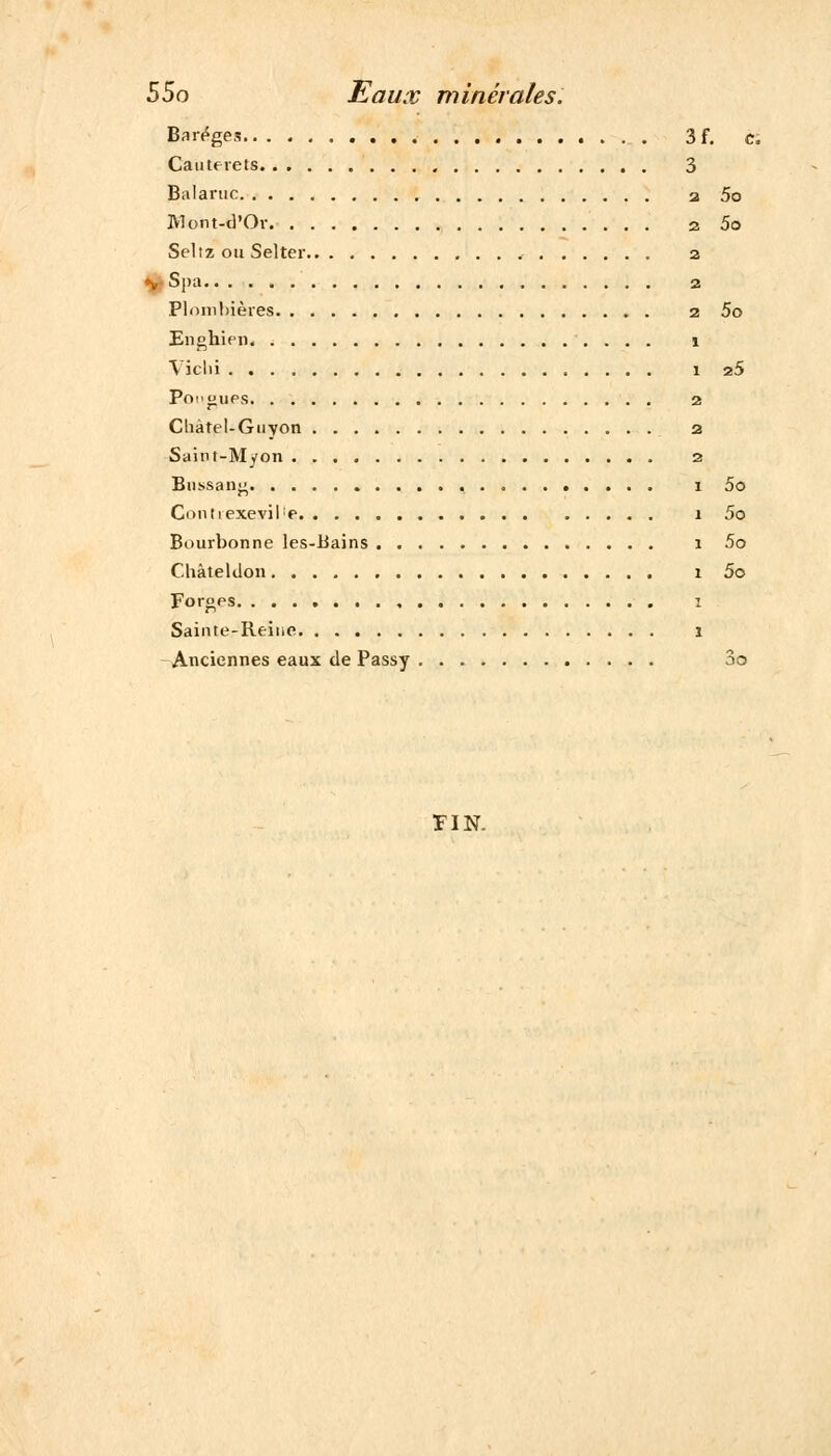 Baréges 3f. c Cauterets 3 Balaruc a 5o Mont-d'Ov 2 5o Seliz ou Selter 2 V Spa 2 Plombières 2 5o Enghien 1 Viclii 1 25 Pomcjups 2 Cliàtel-Guyon 2 Saint-Myon 2 Bussang 1 5o Contiexevile 1 5o Bourbonne les-liains 1 5o Châteldon 1 5o Forges 1 Sain te.-Reine 1 Anciennes eaux de Passy 3o FIN.