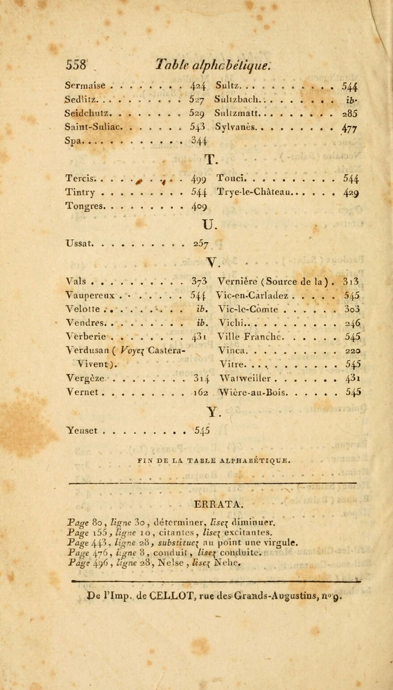 Sermaise 424 Sultz 544 Sccllitz 5-2J Sulizbach ib- Seidchutz 529 Sulizmatt 285 Saint-Suliac 543 Sylvanès 477 Spa. 344 T. Tercis ^ . ^ . . 499 Touci 544 Tintry 544 Trye-le-Chàteau 429 Tongves 4°9 u. Ussat 257 V. Vais 373 Vernière (Source de la) . 3i3 Vaupereux . • 5{\. Vic-en-Carladez 545 Velotîe ib. Vic-le-Comte 3o3 Vendras . ib. Vichi 246 Verberie 4^i Ville Franche 545 Verdusan ( Voye\ Castera- Vinca 220 Vivent). Vitre. 545 Vergèze. 3i4 Waiweiller 4^* Vernet 162 Wière-au-Bois 545 Yeuset 5i5 FIN DE LA TABLE ALPHABETIQUE. ERRATA. Page 80, ligne 3o, déterminer, lise\ diminuer. Page i55,ligne 10, cirantes, lise^ excitantes. Page 443» lig-e 28, substituei au point une virgule. Page 4^6, ligne 8, conduit, lise^ conduite. Page 49^ > ligne 28, Nelse , Use^ Nehe. De l'Imp. de CELLOT, rue des Grands-Augustins, n°g.