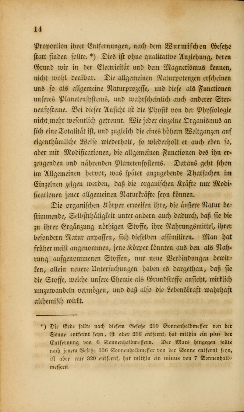 J^roportion i^rer Entfernungen, narf) bem Sßunnifd^en Q^efci^c jiatt finbcn feilte. '♦') ^ieö tft ol)nc qualitatiüc '2Cn5iel)unt3, bevcn (^runb iDir in bev (5lectncitdt unb bem ^JJagnetiömuö fcnncn, nid)t moi)l bcnfbar. Die allgemeinen ?catur^>oten3en erfd)einen un§ fo al^ allv}emetne 9Zatiirpro3e)Te, unb biefe al§ gunctionen unfeveö ^lanetenfpjltemö, unb iVval)rfd)cinlicl) caxd) anbetet Stet- nenfpjleme. S3ei triefet 'Kn]id)t i|l bic %H)\)\it Don bet ^Ijpfiolcgie nid)t.mel)r mefentlid) o^ctvcnnt ^ie \ebex etn3elne £)töaniömuö an fid) eine Totalität i% unb 3u<}leid) bk etneö l)ol)ern 5öelt!.3an3en auf eigcntl;ümlid)e ^ci\c tviebetljolt, fo n)ieberl;olt et aud) eben fo, ahcx mit ED^obificationen, hie allgemeinen Functionen be§ i()n et= jeugenben unb ndl)tenben 5^lanetenfi)ftem6» ^atauS gel;t fd)on im TCllgemeinen l)ett)Ot, n)aö f)>dtct an3ugel)enbe Sl)atfad)en im Ein3elnen jeigen it>etben, baf^ bie otganifd^en Ätdfte nut S)iobi= ficationen jenet allgemeinen 9tatuiftdfte fepn können» ^ie organifd)en ^lorpet evmeifen il)ve, bie anfmc '^atux be^ jlimmenbc, 8'elbfrtl)dtigfeit untet anbetn aud) babutd), ba^ fic bie ^u il)vet Ergdn3ung n6tl)igen (Etoffe, i^tc 9tal)tungömittel, il^tet befonbern 9^atut anpaffen, ftd) biefelben affimilitem d^lan l)at ftül)et meift angenommen, jene ivotpet iPonnten an^ ben al§ 9tal)- tung aufgenommenen Stoffen, nut neue S>erbinbungen hmiv= fett, allein neuete Untetfud)ungen l)aben eö batgetl)an, ba^ ftc bie Stoffe, tt)eld)e unfete ßl)emie alö (^tunbftoffe anfielet, unrflid) um3mDanbeln üetmogen, unb bap alfo bie Sebenöftaft n)al)tl;aft ald)emifd) mitft ) ^ic ®rbe foUte nad) btcfem ©cfc^e 210 (5^onncnf)art)meffer oon bcr (Sonne entfernt fci)n , ift aber 21G entfernt, f)at mitijin ein plus bec Entfernung üon G ®onnenl;a!Onuffern. 2)er ^av>o i^in^e^cn foUtt- nad) icnem ©efc^e 336 (£onncnt)olbmcf[ir i^on bcr (Sonne entfernt fei^n, ift aber nur 329 entfernt, 1:)at mithin ein minus oon 7 ©onnent)atb= mejTcrn.