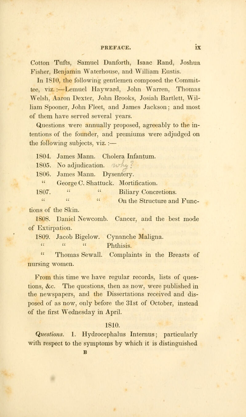 Cotton Tufts, Samuel Danforth, Isaac Rand, Joshua Fisher, Benjamin Waterhouse, and William Eustis. In 1810, the following gentlemen composed the Commit- tee, viz.:—Lemuel Hay ward, John Warren, Thomas Welsh, Aaron Dexter, John Brooks, Josiah Bartlett, Wil- liam Spooner, John Fleet, and James Jackson; and most of them have served several years. Questions were annually proposed, agreeably to the in- tentions of the founder, and premiums were adjudged on the following subjects, viz.:— 1804. James Mann. Cholera Infantum. 1S05. No adjudication. 1806. James Mann. Dysentery.  George C. Shattuck. Mortification. 1807.   Biliary Concretions.  On the Structure and Func- tions of the Skin. 1805. Daniel Newcomb. Cancer, and the best mode of Extirpation. 1809. Jacob Bigelow. Cynanche Maligna.    Phthisis.  Thomas Sewall. Complaints in the Breasts of nursing women. From this time we have regular records, lists of ques- tions, &c. The questions, then as now, were published in the newspapers, and the Dissertations received and dis- posed of as now, only before the 31st of October, instead of the first Wednesday in April. 1810. Questions. 1. Hydrocephalus Interims; particularly with respect to the symptoms by which it is distinguished