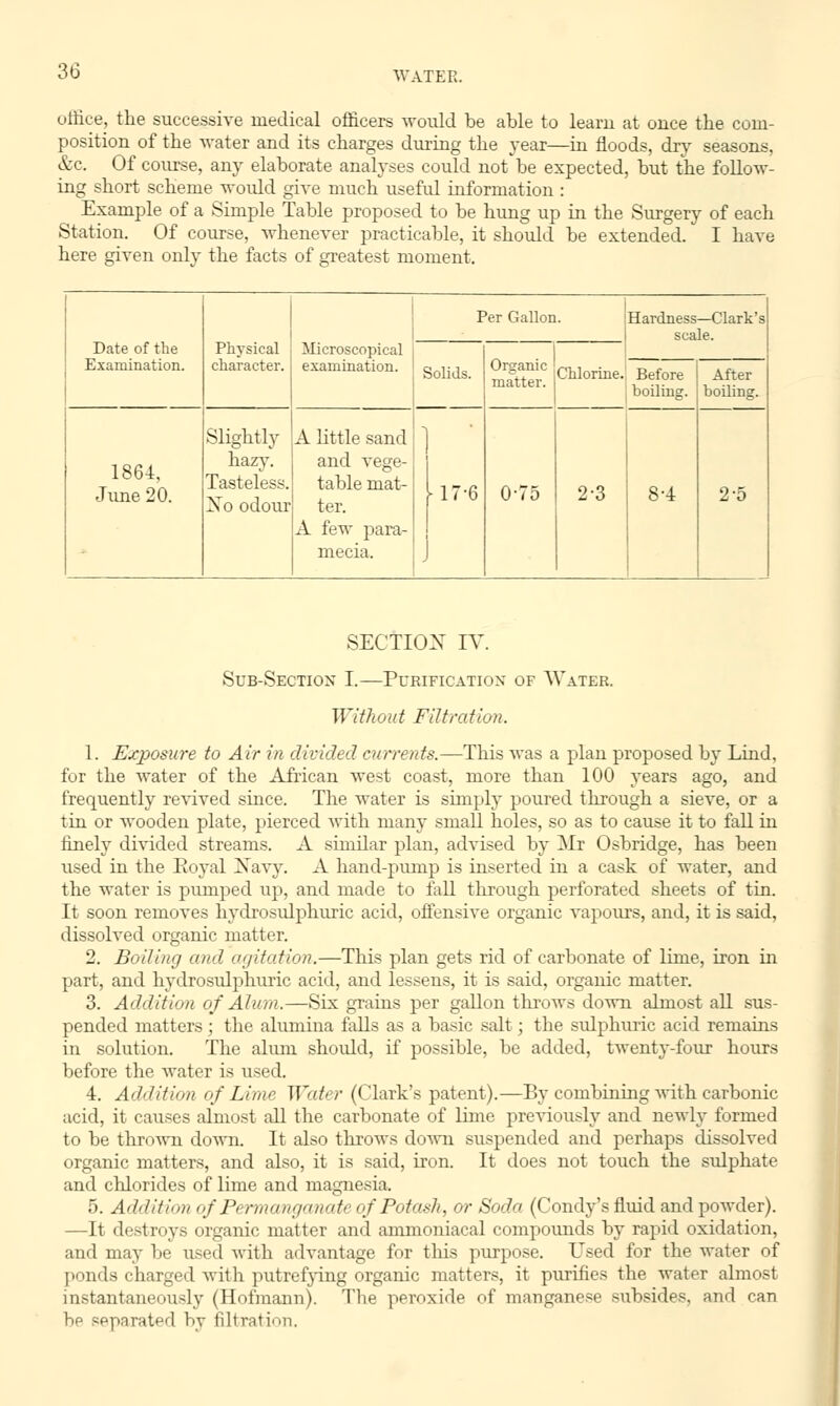 office, the successive medical officers would be able to learn at once the com- position of the water and its charges during the year—in floods, dry seasons, &c. Of course, any elaborate analyses could not be expected, but the follow- ing short scheme woidd give much useful information : Example of a Simple Table proposed to be hung up in the Surgery of each Station. Of course, whenever practicable, it should be extended. I have here given only the facts of greatest moment. Date of the Examination. Physical character. Microscopical examination. Per Gallon. Hardness—Clark's scale. Solids. Organic matter. Chlorine. Before boiling. After boiling. 1864, June 20. Slightly hazy. Tasteless. Xo odour A little sand and vege- table mat- ter. A few para- mecia. 1 ►17-6 0-75 2-3 8-4 2-5 SECTION IV. Sub-Section I.—Purification of Water. Without Filtration. 1. Exposure to Air in divided currents.—This was a plan proposed by Lind, for the water of the African west coast, more than 100 years ago, and frequently revived since. The water is simply poured through a sieve, or a tin or wooden plate, pierced with many small holes, so as to cause it to fall in finely divided streams. A similar plan, advised by Mr Osbridge, has been used in the Royal Navy. A hand-pump is inserted in a cask of water, and the water is pumped up, and made to fall through perforated sheets of tin. It soon removes hydrosulphuric acid, offensive organic vapours, and, it is said, dissolved organic matter. 2. Boiling and agitation.—This plan gets rid of carbonate of lime, iron in part, and hydrosulphuric acid, and lessens, it is said, organic matter. 3. Addition of Alum.—Six grains per gallon throws down almost all sus- pended matters; the alumina falls as a basic salt; the sulphuric acid remains in solution. The alum should, if possible, be added, twenty-four hours before the water is used. 4. Addition of Lime Water (Clark's patent).—By combining with carbonic acid, it causes almost all the carbonate of lime previously and newly formed to be thrown down. It also throws down suspended and perhaps dissolved organic matters, and also, it is said, iron. It does not touch the sulphate and chlorides of lime and magnesia. 5. Addition of Pi rmanganati of Potash, or Soda (Condy's fluid and poAvder). —It destroys organic matter and ammoniacal compounds by rapid oxidation, and may be used with advantage for this purpose. Used for the water of ponds charged with putrefying organic matters, it purifies the water almost instantaneously (Hofmann). The peroxide of manganese subsides, and can be separatprl by filtration.