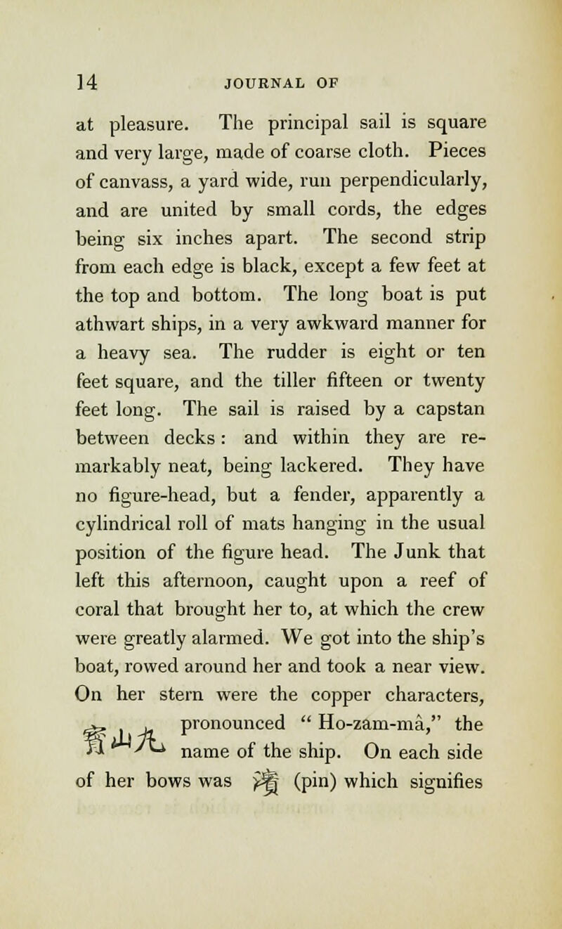 at pleasure. The principal sail is square and very large, made of coarse cloth. Pieces of canvass, a yard wide, run perpendicularly, and are united by small cords, the edges being six inches apart. The second strip from each edge is black, except a few feet at the top and bottom. The long boat is put athwart ships, in a very awkward manner for a heavy sea. The rudder is eight or ten feet square, and the tiller fifteen or twenty feet long. The sail is raised by a capstan between decks: and within they are re- markably neat, being lackered. They have no figure-head, but a fender, apparently a cylindrical roll of mats hanging in the usual position of the figure head. The Junk that left this afternoon, caught upon a reef of coral that brought her to, at which the crew were greatly alarmed. We got into the ship's boat, rowed around her and took a near view. On her stern were the copper characters, ^ . pronounced  Ho-zam-ma, the J^ '  name of the ship. On each side of her bows was £% (pin) which signifies