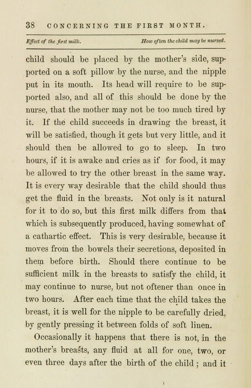 Effect of the first milk. How often the child may be nursed. child should be placed by the mother's side, sup- ported on a soft pillow by the nurse, and the nipple put in its mouth. Its head will require to be sup- ported also, and all of this should be done by the nurse, that the mother may not be too much tired by it. If the child succeeds in drawing the breast, it will be satisfied, though it gets but very little, and it should then be allowed to go to sleep. In two hours, if it is awake and cries as if for food, it may be allowed to try the other breast in the same way. It is every way desirable that the child should thus get the fluid in the breasts. Not only is it natural for it to do so, but this first milk differs from that which is subsequently produced, having somewhat of a cathartic effect. This is very desirable, because it moves from the bowels their secretions, deposited in them before birth. Should there continue to be sufficient milk in the breasts to satisfy the child, it may continue to nurse, but not oftener than once in two hours. After each time that the child takes the breast, it is well for the nipple to be carefully dried, by gently pressing it between folds of soft linen. Occasionally it happens that there is not, in the mother's breasts, any fluid at all for one, two, or even three days after the birth of the child ; and it