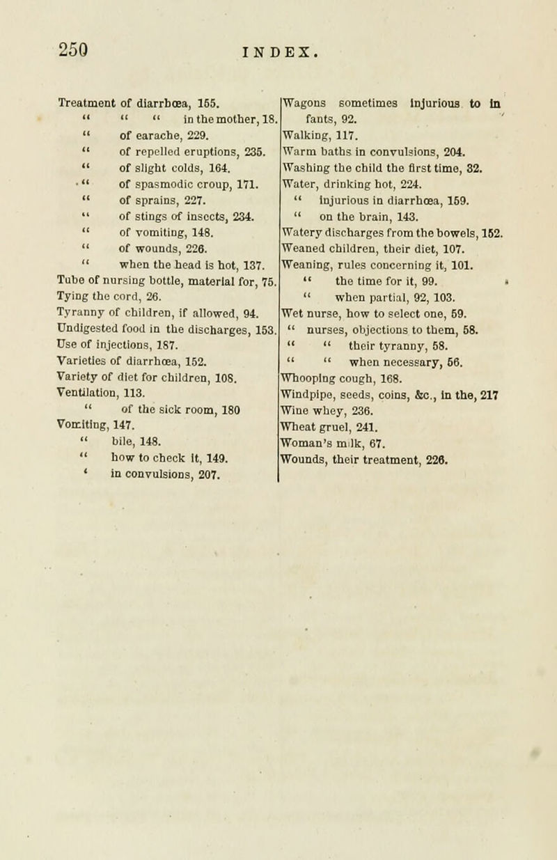 Treatment of diarrhoea, 165. « « in the mother, 18 14 of earache, 229. 44 of repelled eruptions, 235. of slight colds, 164. ■ of spasmodic croup, 171. of sprains, 227. of stings of insects, 234. (( of vomiting, 148. of wounds, 226. when the head is hot, 137. Tube of nursing bottle, material for, 75, Tying the cord, 26. Tyranny of children, if allowed, 94. Undigested food in the discharges, 153. Use of injections, 187. Varieties of diarrhoea, 152. Variety of diet for children, 108. Ventilation, 113. of the sick room, 180 Vomiting, 147. bile, 148. how to check it, 149. * in convulsions, 207. Wagons sometimes injurious to In fants, 92. Walking, 117. Warm baths in convulsions, 204. Washing the child the first time, 32. Water, drinking hot, 224. 4 injurious in diarrhoea, 159. [ on the brain, 143. Watery discharges from the bowels, 152. Weaned children, their diet, 107. Weaning, rules concerning it, 101. 44 the time for it, 99. i 44 when partial, 92, 103. Wet nurse, how to select one, 59. nurses, objections to them, 58. 44 their tyranny, 58. 44 when necessary, 56. Whooping cough, 168. Windpipe, seeds, coins, &c, in the, 217 Wine whey, 236. Wheat gruel, 241. Woman's milk, 67. Wounds, their treatment, 226.