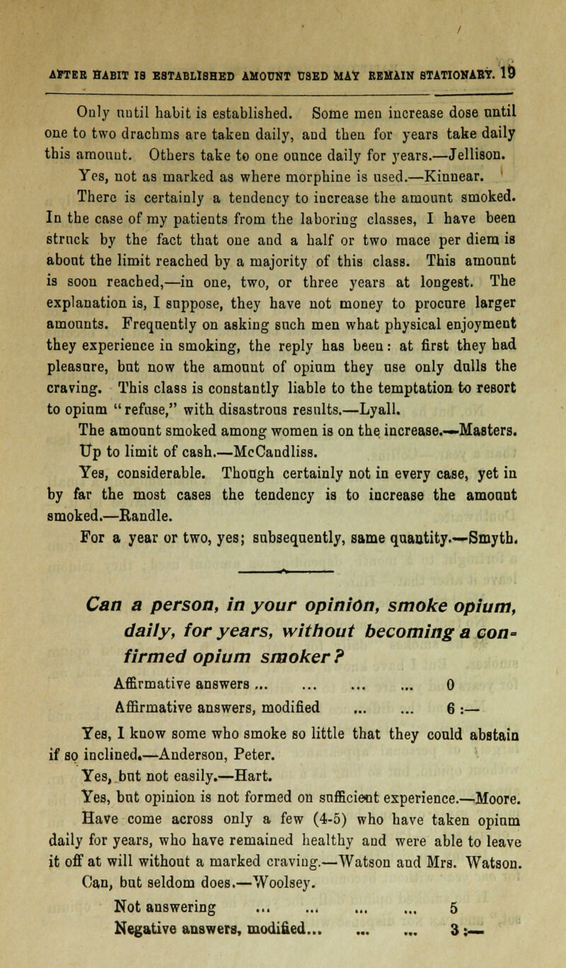 ASTER HABIT 18 ESTABLISHED AMOUNT USED MAY REMAIN STATIONARY. 1§ Only until habit is established. Some men increase dose until one to two drachms are taken daily, and then for years take daily this amount. Others take to one ounce daily for years.—Jellison. Yes, not as marked as where morphine is used.—Kinnear. There is certainly a tendency to increase the amount smoked. In the case of my patients from the laboring classes, I have been struck by the fact that one and a half or two mace per diem is about the limit reached by a majority of this class. This amount is soon reached,—in one, two, or three years at longest. The explanation is, I suppose, they have not money to procure larger amounts. Frequently on asking such men what physical enjoyment they experience in smoking, the reply has been: at first they had pleasure, but now the amount of opium they use only dulls the craving. This class is constantly liable to the temptation to resort to opium  refuse, with disastrous results.—Lyall. The amount smoked among women is on the increase.—Masters. Up to limit of cash.—McCandliss. Yes, considerable. Though certainly not in every case, yet in by far the most cases the tendency is to increase the amount smoked.—Handle. For a year or two, yes; subsequently, same quantity.—Smyth. Can a person, in your opinion, smoke opium, daily, for years, without becoming a con- firmed opium smoker ? Affirmative answers, ... 0 Affirmative answers, modified 6 :— Yes, I know some who smoke so little that they could abstain if so inclined.—Anderson, Peter. Yes, but not easily.—Hart. Yes, but opinion is not formed on sufficient experience.—.Moore. Have come across only a few (4-5) who have taken opium daily for years, who have remained healthy and were able to leave it off at will without a marked craving.—Watson and Mrs. Watson. Can, but seldom does.—Woolsey. Not answering 5 Negative answers, modified 3:_
