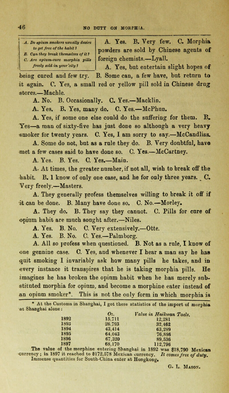 A. Do opium smokers usually desire to get free of the habit ? B. Can they break themselves of it ? C. Are opium-cure morphia pills freely sold in your'city t A. Yes. B. Very few. C. Morphia powders are sold by Chinese agents of foreign chemists.—Lyall. A. Yes, but entertain slight hopes of being cured and few try. B. Some can, a few have, but return to it again. C. Yes, a small red or yellow pill sold in Chinese drug stores.—Machle. A. No. B. Occasionally. C. Yes.—Macklin. A. Yes. B. Yes, many do. C. Yes.—McPhuD. A. Yes, if some one else could do the suffering for them. B. Yes—a man of sixty-five has just done so although a very heavy smoker for twenty years. C. Yes, I am sorry to say.—McCandlisa. A. Some do not, but as a rule they do. B. Very donbtful, have met a few cases said to have done so. C. Yes.—McCartney. A. Yes. B. Yes. C. Yes.—Main. A. At times, the greater number, if not all, wish to break off the habit. B. 1 know of only one case, and he for only three years. t C. Very freely.—Masters. A. They generally profess themselves willing to break it off if it can be done. B. Many have done so. C. No.—Morley. A. They do. B. They say they cannot. C. Pills for cure of opium habit are much sought after.—Niles. A. Yes. B. No. C. Very extensively.—Otte. A. Yes. B. No. C. Yes.—Palmborg. A. All so profess when questioned. B. Not as a rule, I know of one gennine case. C. Yes, and whenever I hear a man say he has quit smoking I invariably ask how many pills he takes, and in every instance it transpires that he is taking morphia pills. He imagines he has broken the opium habit when he has merely sub- stituted morphia for opium, and become a morphine eater instead of an opium smoker*. This is not the only form in which morphia is * At the Customs in Shanghai, I got these statistics of the import of morphia at Shanghai alone: Oz. Value in Haikwan Tads. 1892 15,711 12,281 1893 26,793 32,462 1894 43,414 63,289 1895 64,043 76.8S6 1896 67,320 89,536 1897 68,170 112,796 The value of the morphine entering Shanghai in 1892 was $18,790 Mexican currency ; in 1897 it reached to $172,578 Mexican currency. It comes free of duty. Immense quantities for South-China enter at Hongkong, G. L. Mason.