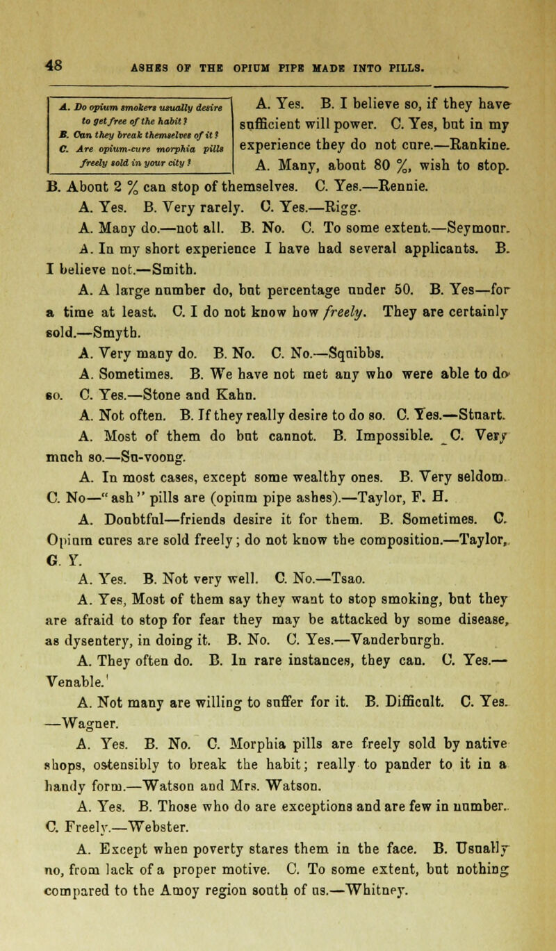 A. Do opium smokers usually desire to get free of the habit 1 B. Can they break themselves of it! C. Are opium-cure morphia pills freely sold m your city ? A. Yes. B. I believe so, if they have- sufficient will power. C. Yes, bat in my experience they do not cnre.—Rankine. A. Many, about 80 %, wish to stop. B. About 2 % can stop of themselves. C. Yes.—Rennie. A. Yes. B. Very rarely. C. Yes.—Rigg. A. Many do.—not all. B. No. C. To some extent.—Seymour. A. In my short experience I have had several applicants. B. I believe not.—Smith. A. A large number do, but percentage under 50. B. Yes—for a time at least. C. I do not know how freely. They are certainly sold.—Smyth. A. Very many do. B. No. C. No.—Squibba. A. Sometimes. B. We have not met any who were able to do- 60. C. Yes.—Stone and Kahn. A. Not often. B. If they really desire to do so. C. Yes.—Stuart. A. Most of them do but cannot. B. Impossible. _C. Very much so.—Su-voong. A. In most cases, except some wealthy ones. B. Very seldom. C. No—ash pills are (opinm pipe ashes).—Taylor, F. H. A. Doubtful—friends desire it for them. B. Sometimes. G. Opium cures are sold freely; do not know the composition.—Taylor, G. Y A. Yes. B. Not very well. C. No.—Tsao. A. Yes, Most of them say they want to stop smoking, but they are afraid to stop for fear they may be attacked by some disease, as dysentery, in doing it. B. No. G. Yes.—Vanderburgh. A. They often do. B. In rare instances, they can. C. Yes.— Venable.' A. Not many are willing to suffer for it. B. Difficult. C. Yes. —Wagner. A. Yes. B. No. C. Morphia pills are freely sold by native shops, ostensibly to break the habit; really to pander to it iu a handy form.—Watson and Mrs. Watson. A. Yes. B. Those who do are exceptions and are few in number. C. Freely.—Webster. A. Except when poverty stares them in the face. B. Usually no, from lack of a proper motive. C. To some extent, but nothing compared to the Arnoy region sonth of us.—Whitney.