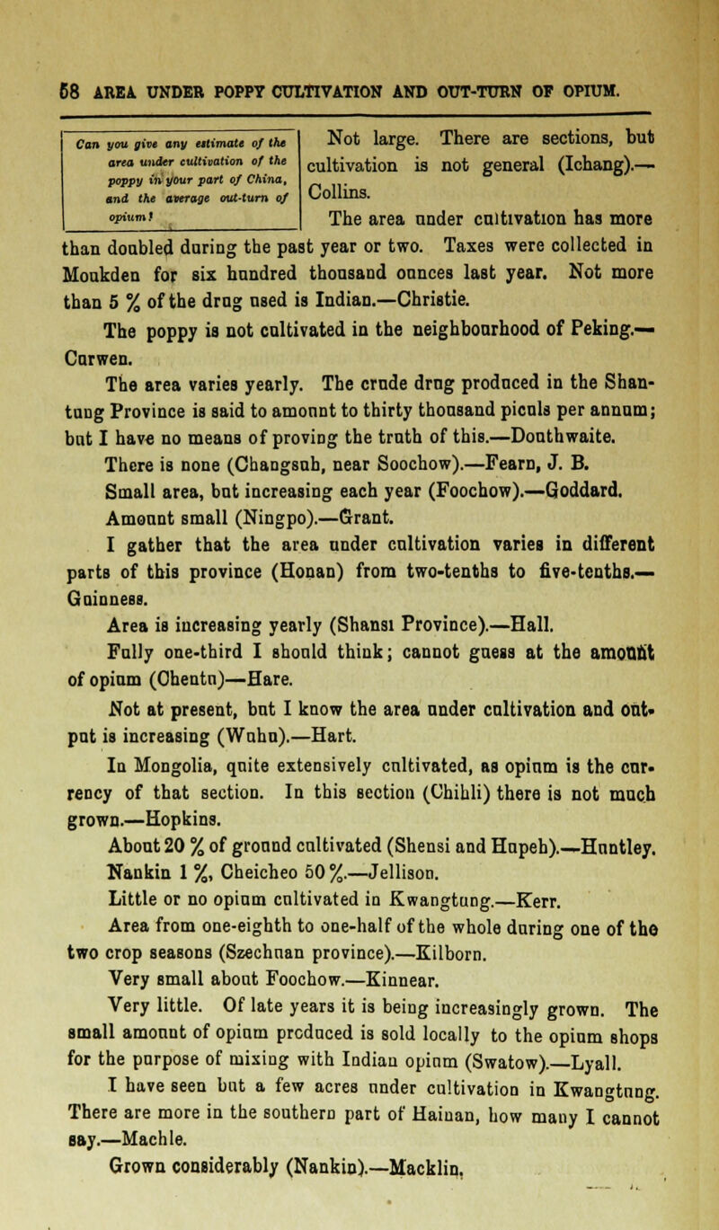 Can you give any estimate of the area under cultivation of the poppy tft you*- part of China, and the average outturn of opium t Not large. There are sections, but cultivation is not general (Ichang).— Collins. The area under cultivation has more than doubled during the past year or two. Taxes were collected in Moukden for six hundred thousand ounces last year. Not more than 5 % of the drug used is Indian.—Christie. The poppy is not cultivated in the neighbourhood of Peking.— Curwen. The area varies yearly. The crude drug produced in the Shan- tung Province is said to amount to thirty thousand piculs per annum; but I have no means of proving the truth of this.—Douthwaite. There is none (Changsuh, near Soochow).—Fearn, J. B. Small area, but increasing each year (Foochow).—Goddard. Amount small (Ningpo).—Grant. I gather that the area under cultivation varies in different parts of this province (Honan) from two-tenths to five-tenths.— GoinnesB. Area is increasing yearly (Shansi Province).—Hall. Fully one-third I should think; cannot guess at the amount of opium (Ohentu)—Hare. Not at present, but I know the area under cultivation and out- put is increasing (Wuhu).—Hart. In Mongolia, quite extensively cultivated, as opium is the cun reDcy of that section. In this section (Chihli) there is not much grown.—Hopkins. About 20 % of ground cultivated (Shensi and Hupeh) Huntley. Nankin 1 %, Cheicheo 50%.—Jellison. Little or no opium cultivated in Kwangtung.—Kerr. Area from one-eighth to one-half of the whole during one of tho two crop seasons (Szechuan province).—Kilborn. Very small about Foochow.—Kinnear. Very little. Of late years it is being increasingly grown. The small amount of opium produced is sold locally to the opium shops for the purpose of mixing with Indian opium (Swatow).—Lyall. I have seen but a few acres under cultivation in Kwangtung. There are more in the southern part of Hainan, how many I cannot say.—Machle. Grown considerably (Nankin).—Macklin,