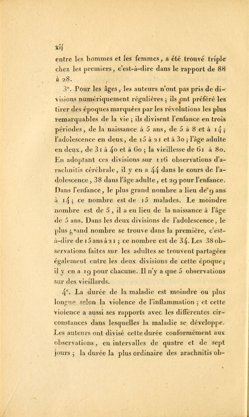 il] entre les hommes et les femmes, a été trouvé triple chez les premiers, c'est-à-dire dans le rapport de 88 à 28. 3°. Pour les âges, les auteurs n'ont pas pris de di- visions numériquement régulières 5 ils ont préféré les tirer des époques marquées par les révolutions les plus remarquables de la vie ; ils divisent l'enfance en trois périodes, de la naissance à 5 ans, de 5 à 8 et à iq : l'adolescence en deux, de i5 à 21 et à 3o 5 l'âge adulte en deux, de 3i à 4o et à 60 5 la vieillesse de 61 à 80. En adoptant ces divisions sur 116 observations d'a- rachnitls cérébrale, il y en a 44 dans le cours de l'a- dolescence , 38 dans l'âge adulte, et 2g pour l'enfance. Dans l'enfance, le plus grand nombre a lieu de'g ans à i4; ce nombre est de 10 malades. Le moindre nombre est de 5 , il a eu lieu de la naissance à l'âge de 5 ans. Dans les deux divisions de l'adolescence, le plus g'-and nombre se trouve dans la première, c'est- à-dire de 15 ans à21 j ce nombre est de 34- Les 38 ob- servations faites sur les adultes se trouvent partagées également entre les deux divisions de cette époque j il y en a ig pour chacune. Il n'y a que 5 observations sur des vieillards. 4°. La durée de la maladie est moindre ou plus longue selon la violence de l'inflammation 5 et cette violence a aussi ses rapports avec les différentes cir- constances dans lesquelles la maladie se développe. Les auteurs ont divisé celte durée conformément aux observations, en intervalles de quatre et de sept