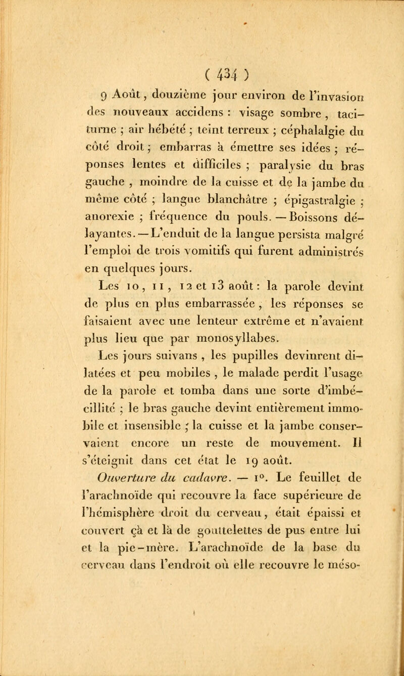 9 Août, douzième jour environ de l'invasiotî des nouveaux accidens : visage sombre , taci- turne ; air hébété ; teint terreux ; céphalalgie du côté droit ; embarras a émettre ses idées ; ré- ponses lentes et difficiles ; paralysie du bras gauche , moindre de la cuisse et de la jambe du même côté ; langue blanchâtre ; épigastralgie ,• anorexie ; fréquence du pouls.—Boissons dé- layantes.—L'enduit de la langue persista malgré l'emploi de trois vomitifs qui furent administrés en quelques jours. Les 10, II, 12 et 13 août : la parole devint de plus en plus embarrassée , les réponses se faisaient avec une lenteur extrême et n'avaient plus lieu que par monosyllabes. Les jours suivans , les pupilles devinrent di- latées et peu mobiles , le malade perdit l'usage de la parole et tomba dans une sorte d'imbé- cillité ] le bras gauche devint entièrement immo- bile et insensible ,'la cuisse et la jambe conser- vaient encore un reste de mouvement. Il s'éteignit dans cet état le 19 août. Ouverture du cadavre. — i*^. Le feuillet de l'arachnoïde qui recouvre la face supérieure de l'hémisphère droit du cerveau, était épaissi et couvert ça et là de goaltelettes de pus entre lui et la pie-mère. L'arachnoïde de la base du cerveau dans l'endroit où elle recouvre le méso-