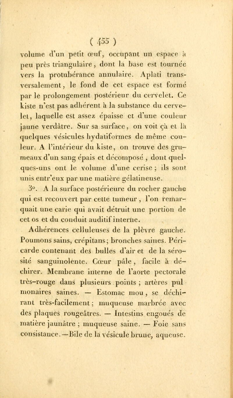 volume d'un petit œuf, occupant un espace k peu près triangulaire, dont la base est tournée vers la protubérance annulaire. Aplati trans- versalement , le fond de cet espace est formé par le prolongement postérieur du cervelet. Ce kiste n''est pas adhérent à la substance du cerve- let, laquelle est assez épaisse et d'une couleur jaune verdâtre. Sur sa surface, on voit ça et la quelques vésicules hydatiformes de même cou- leur. A l'intérieur du kiste, on trouve des gru- meaux d'un sang épais et décomposé , dont quel- ques-uns ont le volume d'une cerise ; ils sont unis entr'eux par une matière gélatineuse. 3^. A la surlace postérieure du rocher gauche qui est recouvert par cette tumeur , l'on remar- quait une carie qui avait détruit une portion de cet os et du conduit auditif interne. Adhérences celluleuses de la plèvre gauche. Poumons sains, crépitans; bronches saines. Péri- carde contenant des bulles d'air et de la séro- sité sanguinolente. Cœur pâle, facile à dé- chirer. Membrane interne de l'aorte pectorale très-rouge dans plusieurs points ; artères pul monaires saines. — Estomac mou, se déchi- rant très-facilement ; muqueuse marbrée avec des plaques rougeâtres. — Intestins engoués de matière jaunâtre ; muqueuse saine. — Foie sans consistance.—Bile de la vésicule brune, aqueuse.