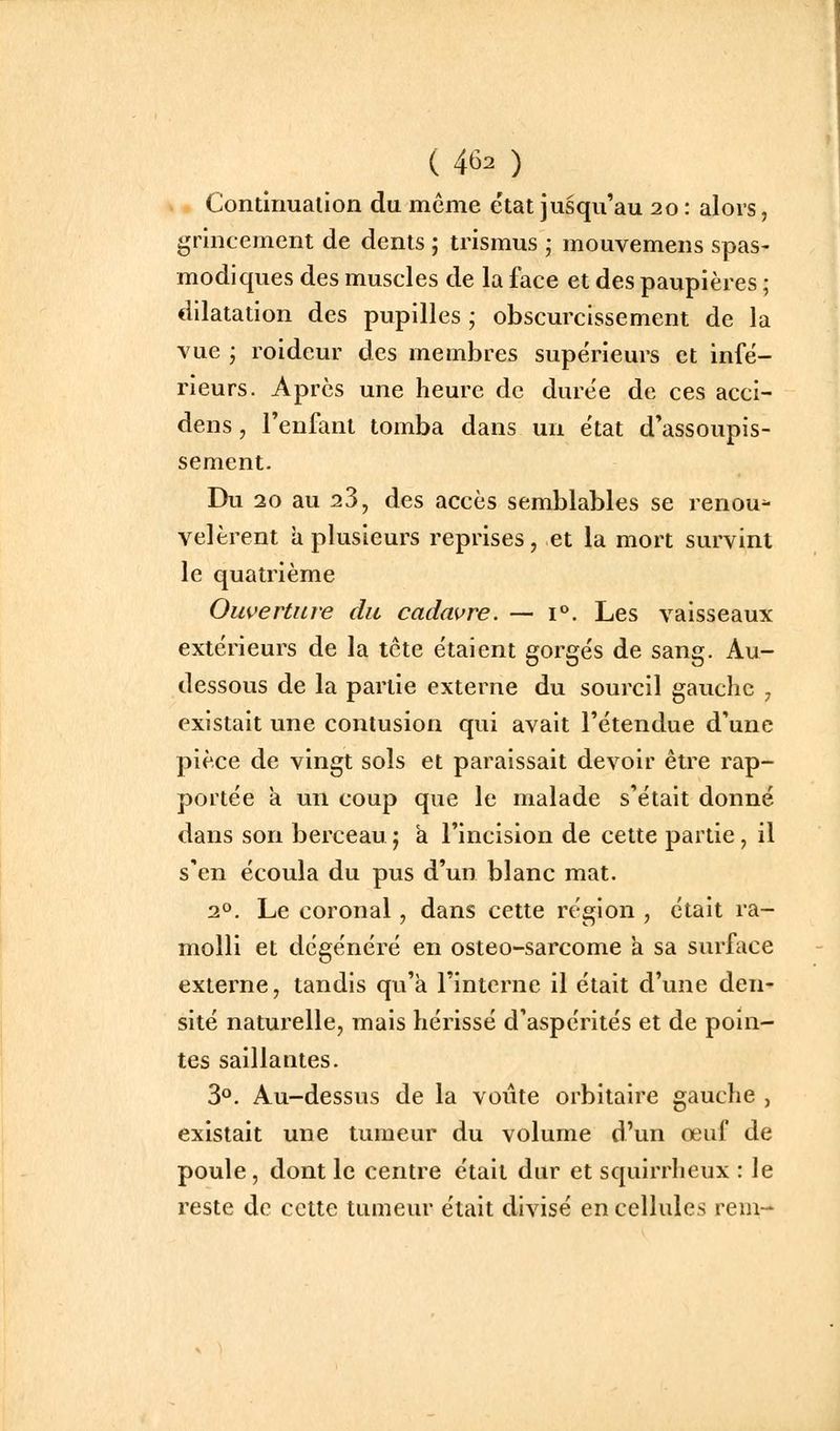 Continuallon du même ëtat jusqu'au 20 : alors, grincement de dents ; trismus ; mouvemens spas- modiques des muscles de la face et des paupières ; dilatation des pupilles ; obscurcissement de la vue ; roideur des membres supérieurs et infé- rieurs. Après une heure de durée de ces acci- dens, l'enfant tomba dans un état d'assoupis- sement. Du 20 au 23, des accès semblables se renou^ vêlèrent à plusieurs reprises, et la mort survint le quatrième Ouverture du cadavre. — i*. Les vaisseaux extérieurs de la tcte étaient gorgés de sang. Au- dessous de la partie externe du sourcil gauche y existait une contusion qui avait l'étendue d'une pièce de vingt sols et paraissait devoir être rap- portée a un coup que le malade s'était donné dans son berceau ; à l'incision de cette partie, il s'en écoula du pus d'un blanc mat. 2». Le coronal, dans cette région , était ra- molli et dégénéré en osteo-sarcome a sa surface externe, tandis qu'à l'interne il était d'une den- sité naturelle, mais hérissé d'aspérités et de poin- tes saillantes. 3°. Au-dessus de la voûte orbitaire gauche , existait une tumeur du volume d'un œuf de poule , dont le centre était dur et squirrheux : le reste de cette tumeur était divisé en cellules rem-