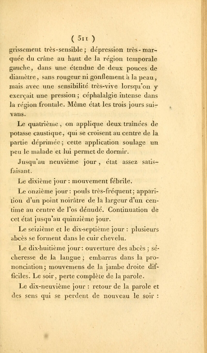 grlssement très - sensible ; dépression très-mar- quée du crâne au haut de la région temporale gauche, dans une étendue de deux pouces de diamètre, sans rougeur ni gonflement a la peau, mais avec une sensibilité très-vive lorsqu'on y exerçait une pression ; céphalalgie intense dans la région frontale. Même état les trois jours sui- vans. Le quatrième , on applique deux tramées de potasse caustique, qui se croisent au centre de la partie déprimée ; cette application soulage un peu le malade et lui permet de dormir. Jusqu'au neuvième jour , état assez satis- faisant. Le dixième jour : mouvement fébrile. Le onzième jour : pouls très-fréquent; appari- tion d'un point noirâtre de la largeur d'un cen- time au centre de l'os dénudé. Continuation de cet état jusqu'au quinzième jour. Le seizième et le dix-septième jour : plusieurs abcès se forment dans le cuir chevelu. Le dix-huitième jour: ouverture des abcès • sé- cheresse de la langue ; embarras dans la pro- nonciation j mouvemens de la jambe droite dif- ficiles. Le soir, perte complète de la parole. Le dix-neuvième jour : retour de la parole et des sens qui se perdent de nouveau le soir :