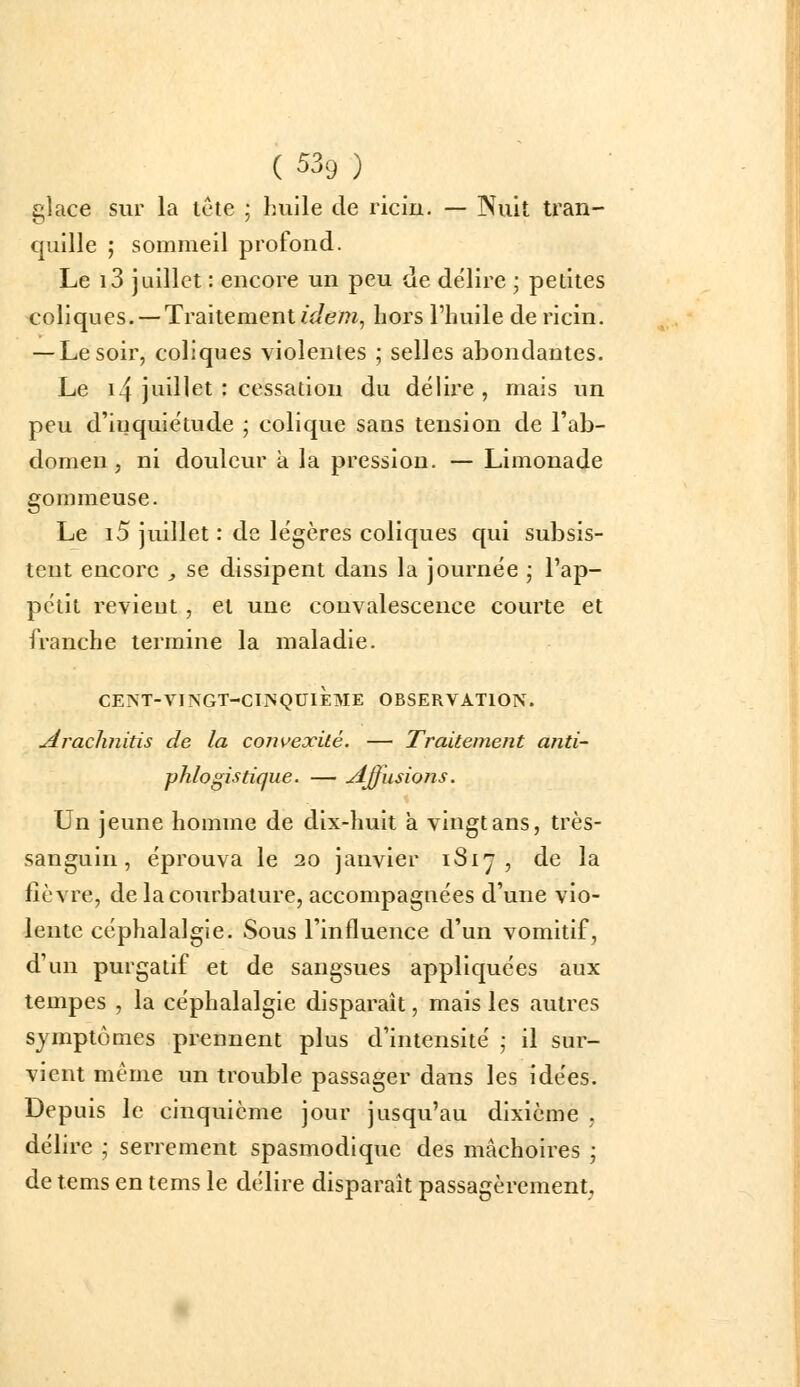 glace sur la tête ; huile de riciu. — Nuit tran- quille ; sommeil profond. Le i3 juillet : encore un peu de délire • petites coliques. —Traitement fV/ém, hors l'huile de ricin. — Le soir, coliques violentes ; selles abondantes. Le i4 juillet : cessation du délire, mais un peu d'iuquiétude ; colique sans tension de l'ab- domen, ni douleur à la pression. — Limonade gommeuse. Le i5 juillet : de légères coliques c{ui subsis- tent encore , se dissipent dans la journée ; l'ap- pétit revient, et une convalescence courte et franche termine la maladie. CENT-VINGT-CIINQUIÈME OBSERVATION. Araclinitis de la convexité. — Traitement anti- phlo gis tique. — Ajjusions. Un jeune homme de dix-huit a vingt ans, très- sanguin , éprouva le 20 janvier 1817 , de la fièvre, de la courbature, accompagnées d'une vio- lente céphalalgie. Sous l'influence d'un vomitif, d'un purgatif et de sangsues appliquées aux tempes , la céphalalgie disparaît, mais les autres symptômes prennent plus d'intensité ; il sur- vient même un trouble passager dans les idées. Depuis le cinquième jour jusqu'au dixième , délire ,• serrement spasmodique des mâchoires ; de tems en tems le délire disparaît passagèrement,