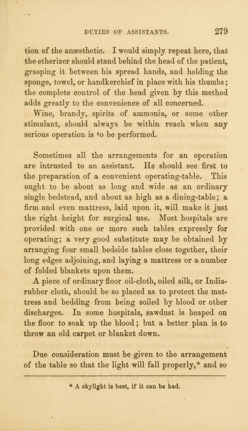 tion of the anoesthetic. I would simply repeat here, that the etherizer should stand behind the head of the patient, grasping it between his spread hands, and holding the sponge, towel, or handkerchief in place with his thumbs; the complete control of the head given by this method adds greatly to the convenience of all concerned. Wine, brandy, spirits of ammonia, or some other stimulant, should always be within reach when any serious operation is to be performed. Sometimes all the arrangements for an operation are intrusted to an assistant. He should see first to the preparation of a convenient operating-table. This ought to be about as long and wide as an ordinary single bedstead, and about as high as a dining-table; a firm and even mattress, laid upon it, will make it just the right height for surgical use. Most hospitals are provided with one or more such tables expressly for operating; a very good substitute may be obtained by arranging four small bedside tables close together, their long edges adjoining, and laying a mattress or a number of folded blankets upon them. A piece of ordinary floor oil-cloth, oiled silk, or India- rubber cloth, should be so placed as to protect the mat- tress and bedding from being soiled by blood or other discharges. In some hospitals, sawdust is heaped on the floor to soak up the blood; but a better plan is to throw an old carpet or blanket down. Due consideration must be given to the arrangement of the table so that the light will fall properly,* and so * A skylight is best, if it can be had.