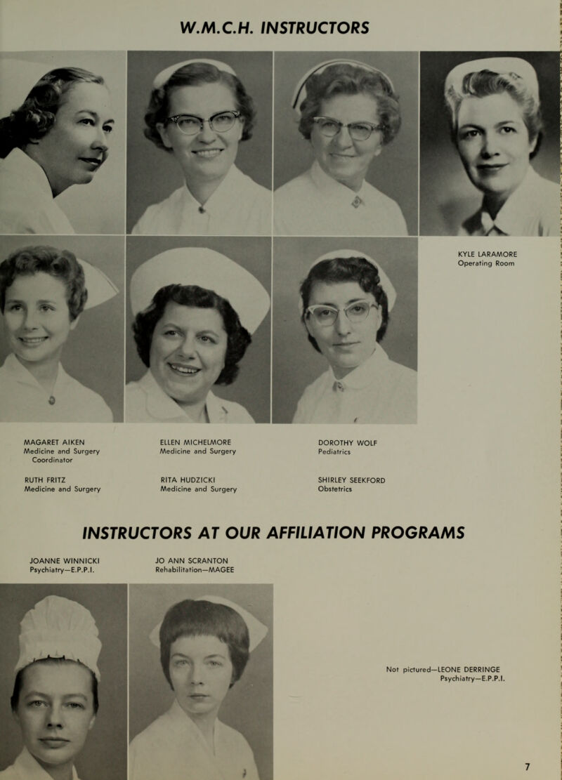 W.M.C.H. INSTRUCTORS MAGARET AIKEN Medicine and Surgery Coordinator ELLEN MICHELMORE Medicine and Surgery DOROTHY WOLF Pediatrics RUTH FRITZ Medicine and Surgery RITA HUDZICKI Medicine and Surgery SHIRLEY SEEKFORD Obstetrics INSTRUCTORS AT OUR AFFILIATION PROGRAMS JOANNE WINNICKI Psychiatry-E.P.P.I. JO ANN SCRANTON Rehabilitation—MAGEE Not pictured-LEONE DERRINGE Psychiatry—E.P.P.I.