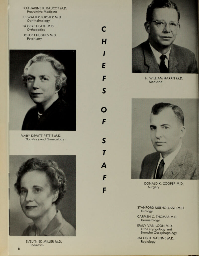 KATHARINE R. BAUCOT M.D. Preventive Medicine H. WALTER FORSTER M.D. Ophthalmology ROBERT HEATH M.D. Orthopedics JOSEPH HUGHES M.D. Psychiatry MARY DEWITT PETTIT M.D. Obstetrics and Gynecology c H / E F S O F S T A F F H. WILLIAM HARRIS M.D. Medicine DONALD K. COOPER M.D. Surgery EVELYN ED MILLER M.D. Pediatrics STANFORD MULHOLLAND M.D. Urology CARMEN C. THOMAS M.D. Dermatology EMILY VAN LOON M.D. Oto-Laryngology and Broncho-Oesophagology JACOB H. VASTINE M.D. Radiology