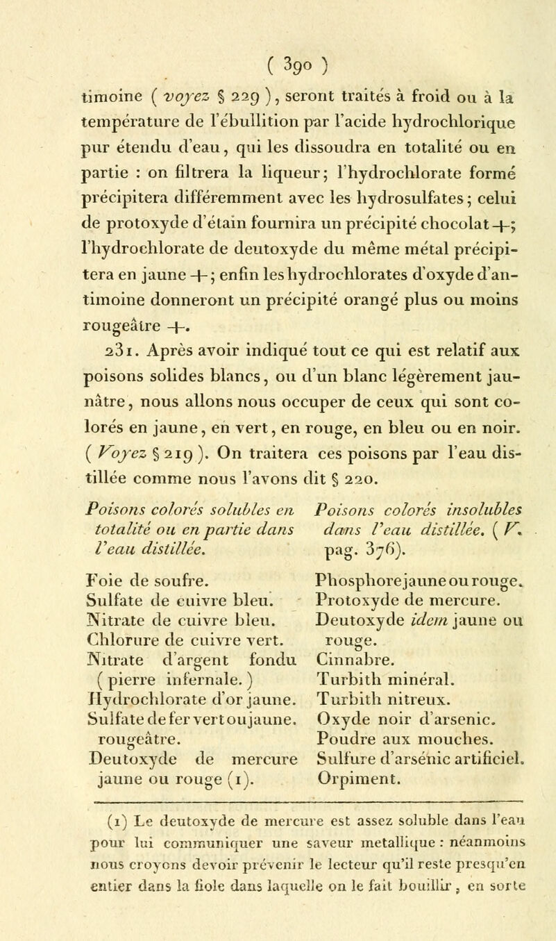 timoine ( voyez § 229 ), seront traités à froid ou à la température de l'ébullition par l'acide hydrochlorique pur étendu d'eau, qui les dissoudra en totalité ou en partie : on filtrera la liqueur; l'hydrochlorate formé précipitera différemment avec les hydrosulfates ; celui de protoxyde d'élain fournira un précipité chocolat-f-; l'hydrochlorate de deutoxyde du même métal précipi- tera en jaune + ; enfin les hydrochlorates d'oxyde d'an- timoine donneront un précipité orangé plus ou moins rougeâtre -\-, 231. Après avoir indiqué tout ce qui est relatif aux poisons solides blancs, ou d'un blanc légèrement jau- nâtre , nous allons nous occuper de ceux qui sont co- lorés en jaune, en vert, en rouge, en bleu ou en noir. ( Voyez § 219 ). On traitera ces poisons par l'eau dis- tillée comme nous l'avons dit § 220. Poisons colorés solubles en Poisons colorés insolubles totalité ou en partie dans dans Veau distillée. ( V* Veau distillée. Pa&« 376). Foie de soufre. Phosphore jaune ou rouge. Sulfate de cuivre bleu. Protoxyde de mercure. Nitrate de cuivre bleu. Deutoxyde idem jaune ou Chlorure de cuivre vert. rouge. Nitrate d'argent fondu Cinnabre. ( pierre infernale. ) Turbith minéral. Hydrochlorate d'or jaune. Turbith nitreux. Sulfate de fer vert oujaune. Oxyde noir d'arsenic. rougeâtre. Poudre aux mouches. Deutoxyde de mercure Sulfure d'arsenic artificiel. jaune ou rouge (1). Orpiment. (1) Le deutoxyde de mercure est assez soluble dans l'eau pour lui communiquer une saveur métallique : néanmoins nous croyons devoir prévenir le lecteur qu'il reste presqu'cn entier dans la fiole dans laquelle on le fait bouillir, en sorte