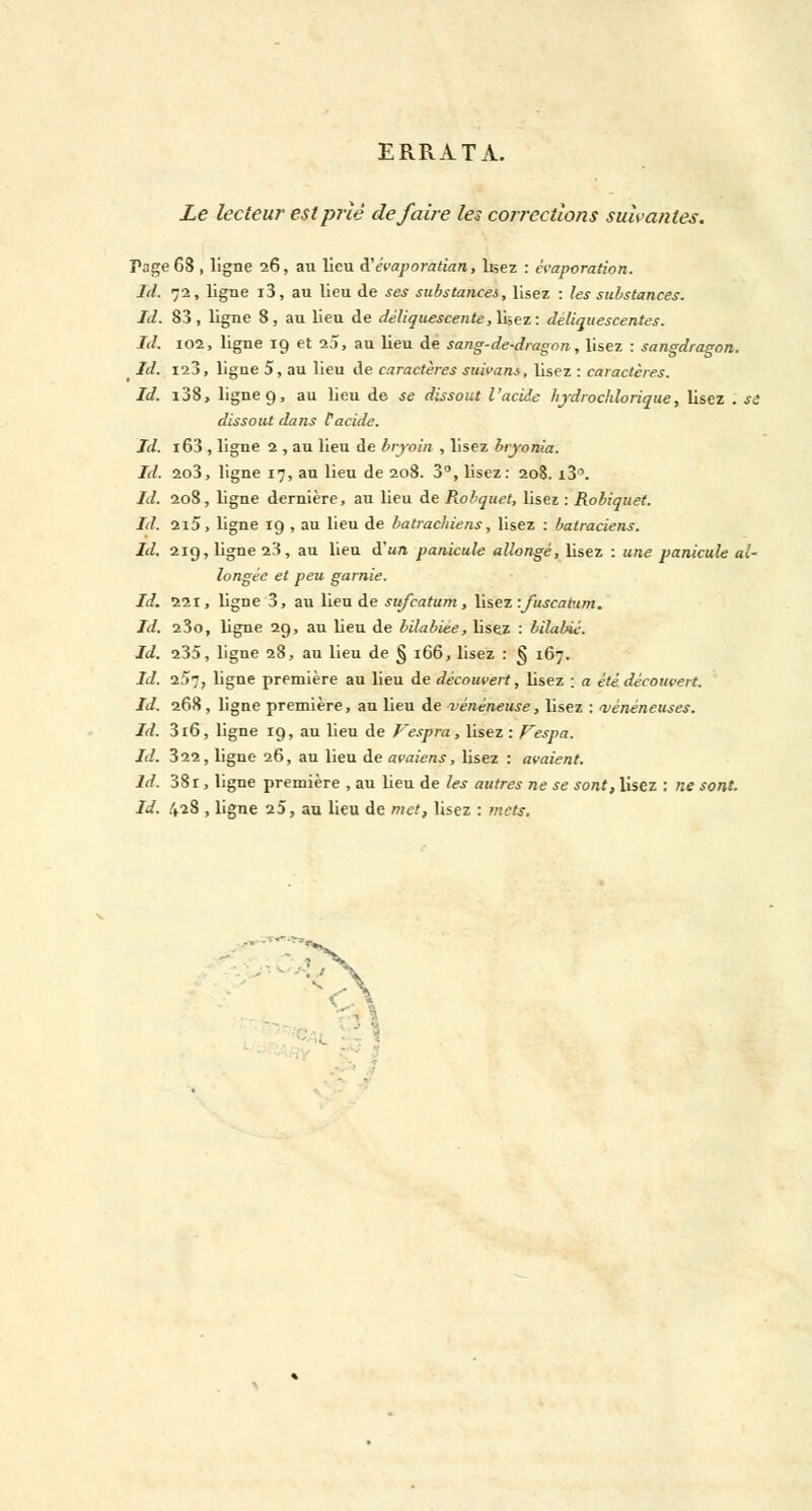 ERRATA. Le lecteur est prié défaire les corrections suivantes. Page 68 , ligne 26, au lieu à'èvaporadan, lisez : évaporation. Id. 72, ligne i3, au lieu de ses substances, lisez : les substances. Id. 83, ligne 8, au lieu de déliquescente, lisez: déliquescentes. Id. 102, ligne 19 et 25, au lieu de sang-de-dragon, lisez : sangdragon. Id. I2j, ligne 5, au lieu de caractères suivant, lisez : caractères. Id. i38, ligne 9, au lieu de se dissout l'acide hjdrochlorique, lisez . sa dissout dans l'acide. Id. i63 , ligne 2 , au lieu de bryoin , lisez bryonia. Id. 2o3, ligne 17, au lieu de 208. 3°, lisez: 208. i3°. Id. 208, ligne dernière, au lieu de Robquet, lisez : Robiquet. II. 2i5, ligne 19 , au lieu de batrachiens, lisez : batraciens. Id. 219, ligne 23, au lieu d'un panicule allongé, lisez : une panicule al- longée et peu garnie. Id. 221, ligne 3, au lieu de sufcatum, lisez :fuscatum. Id. 23o, ligne 29, au lieu de bilabiee, lisez : bilabié. Id. 235, ligne 28, au lieu de § 166, lisez : § 167. Id. 257, ligne première au lieu de découvert, lisez : a été découvert. Id. 268 , ligne première, au lieu de vénéneuse, lisez : a>ènèneuses. Id. 316, ligne 19, au lieu de Vespra, lisez : fespa. Id. 322, ligne 26, au lieu de avaiens, lisez : avaient. Id. 38r , ligne première , au lieu de les autres ne se sont, lisez : ne sont. Id. 428 , ligne 25, au lieu de met, lisez : mets.