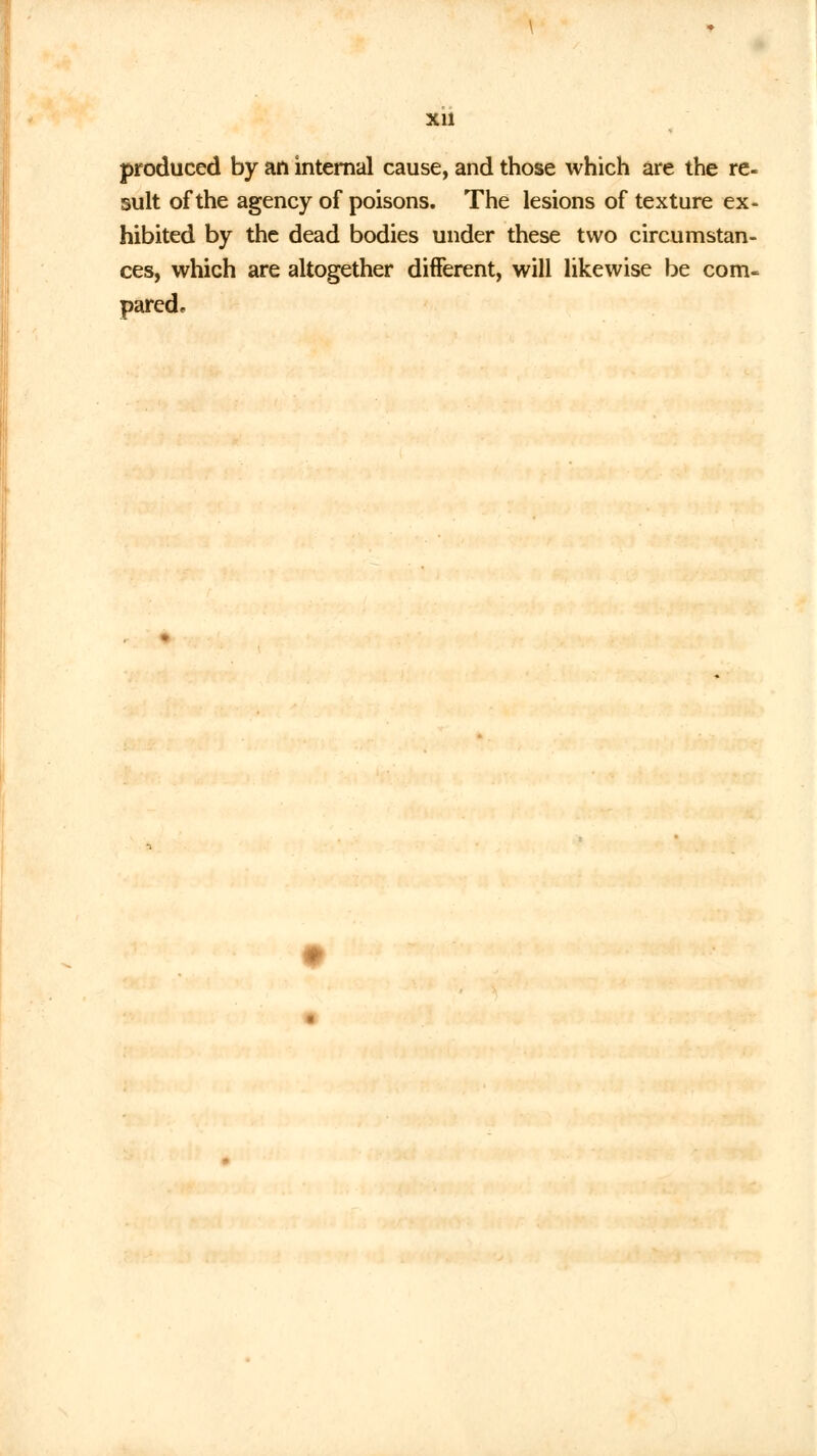 Xll produced by an internal cause, and those which are the re- suit of the agency of poisons. The lesions of texture ex- hibited by the dead bodies under these two circumstan- ces, which are altogether different, will likewise be com- pared.