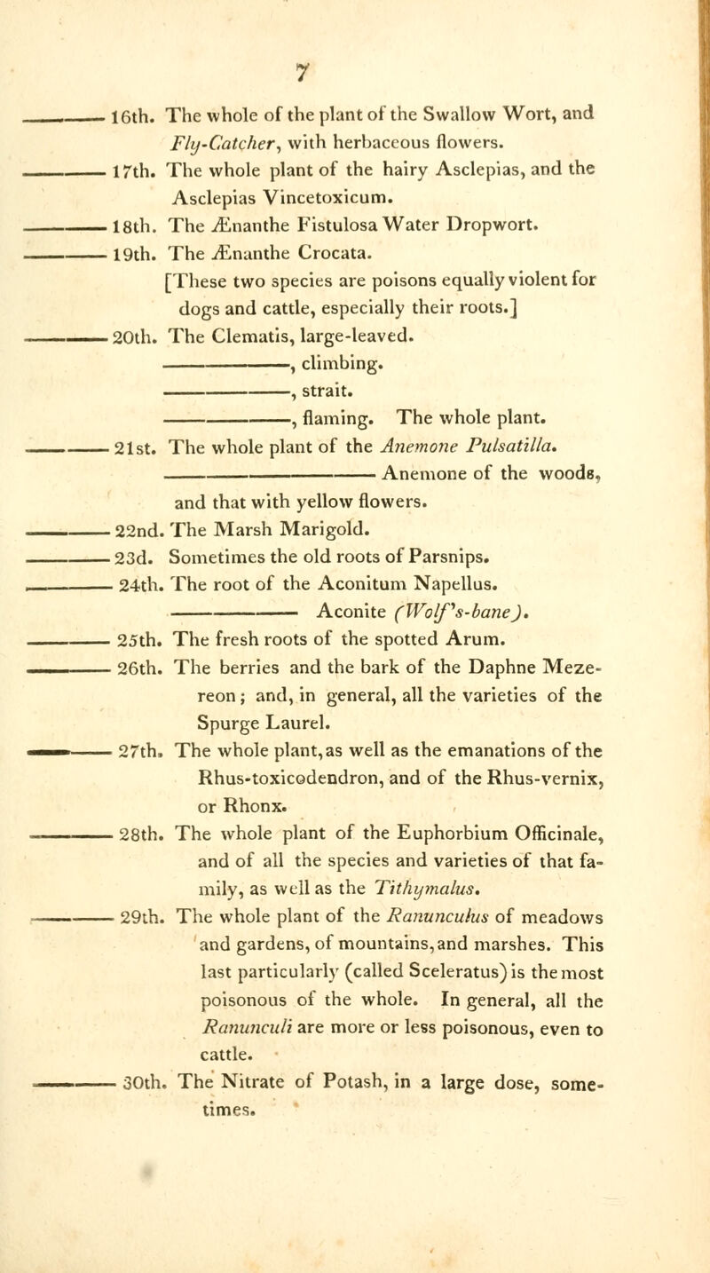 16th. The whole of the plant of the Swallow Wort, and Fly-Catcher, with herbaceous flowers. 17th. The whole plant of the hairy Asclepias, and the Asclepias Vincetoxicum. 18th. The vEnanthe Fistulosa Water Dropwort. 19th. The iEnunthe Crocata. [These two species are poisons equally violent for dogs and cattle, especially their roots.] ■ 20th. The Clematis, large-leaved. , climbing. , strait. , flaming. The whole plant. ■ 21st. The whole plant of the Anemone Pulsatilla. Anemone of the woods. and that with yellow flowers. ■ 22nd. The Marsh Marigold. ■ 23d. Sometimes the old roots of Parsnips. - 24th. The root of the Aconitum Napellus. Aconite (Wolfs-bane). ■ 25th. The fresh roots of the spotted Arum. - 26th. The berries and the bark of the Daphne Meze- reon; and, in general, all the varieties of the Spurge Laurel. - 27th, The whole plant, as well as the emanations of the Rhus-toxicodendron, and of the Rhus-vernix, or Rhonx. - 28th. The whole plant of the Euphorbium Officinale, and of all the species and varieties of that fa- mily, as well as the Tithymalus. - 29th. The whole plant of the Ranunculus of meadows and gardens, of mountains, and marshes. This last particularly (called Sceleratus)is the most poisonous of the whole. In general, all the Ranunculi are more or less poisonous, even to cattle. - 30th. The Nitrate of Potash, in a large dose, some- times.