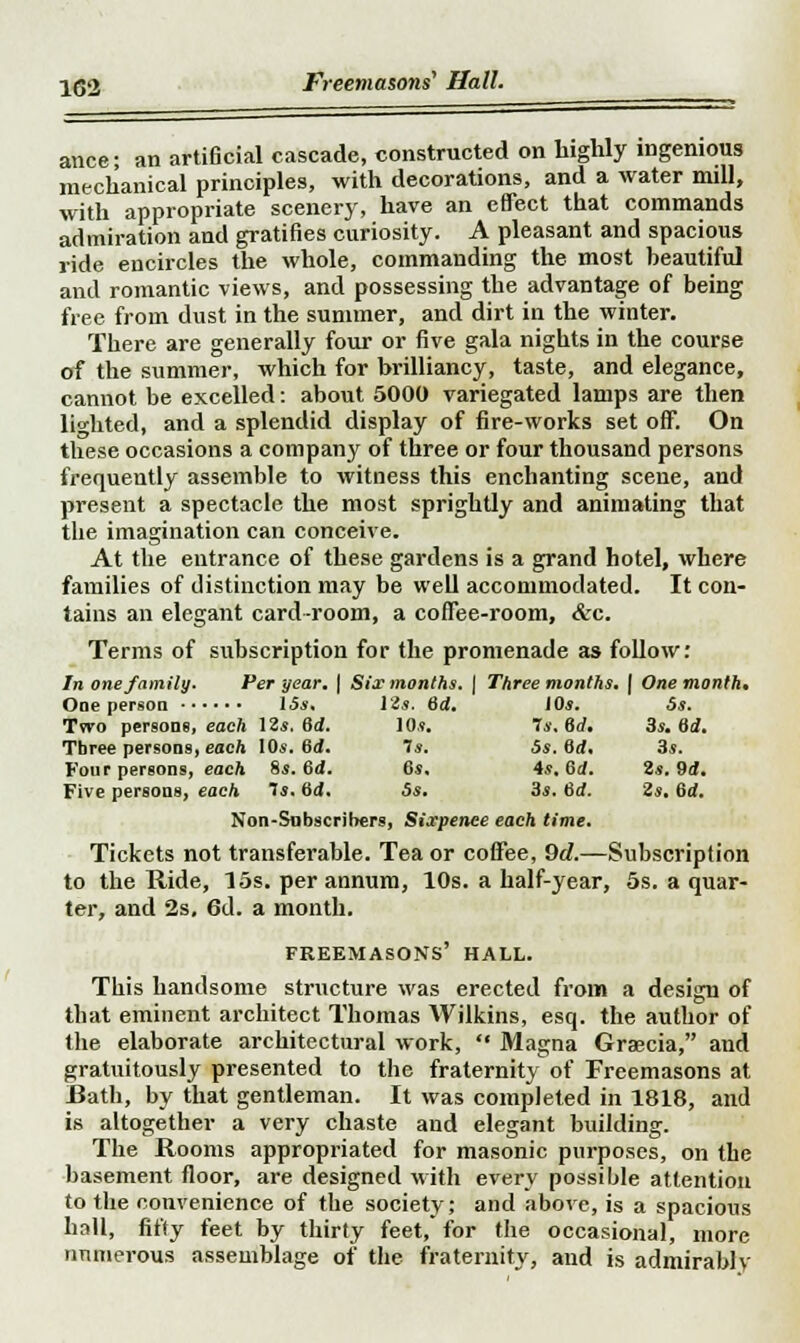 ance- an artificial cascade, constructed on highly ingenious mechanical principles, with decorations, and a water mill, with appropriate scenery, have an effect that commands admiration and gratifies curiosity. A pleasant and spacious ride encircles the whole, commanding the most beautiful and romantic views, and possessing the advantage of being free from dust in the summer, and dirt in the winter. Tbere are generally four or five gala nights in the course of the summer, which for brilliancy, taste, and elegance, cannot be excelled: about 5000 variegated lamps are then lighted, and a splendid display of fire-works set off. On these occasions a company of three or four thousand persons frequently assemble to witness this enchanting scene, and present a spectacle the most sprightly and animating that the imagination can conceive. At the entrance of these gardens is a grand hotel, where families of distinction may be well accommodated. It con- tains an elegant card-room, a coffee-room, &c. Terms of subscription for the promenade as follow: In one family. Per year. | Six months. | Three months. | One month. One person 15*. 12s. 6d. 10s. 5s. Two persons, each \2s. 6d. 10.?. Is, 6rf. 3*. ad. Three persons, each 10s. 6<J. Is. 5s. 6rf. 3*. Four persons, each &s. 6d. 6s. 4s. 6d. 2s. 9d. Five persona, each Is. iid. 5s. 3s. ad. 2s. 6d. Non-Sabscribers, Sixpence each time. Tickets not transferable. Tea or coffee, 9d.—Subscription to the Ride, 15s. per annum, 10s. a half-year, 5s. a quar- ter, and 2s, 6d. a month. freemasons' hall. This handsome structure was erected from a design of that eminent architect Thomas Wilkins, esq. the author of the elaborate architectural work,  Magna Graecia, and gratuitously presented to the fraternity of Freemasons at Bath, by that gentleman. It was completed in 1818, and is altogether a very chaste and elegant building. The Rooms appropriated for masonic purposes, on the basement floor, are designed with every possible attention to the convenience of the society; and above, is a spacious hall, fifty feet by thirty feet, for the occasional, more numerous assemblage of the fraternity, and is admirably