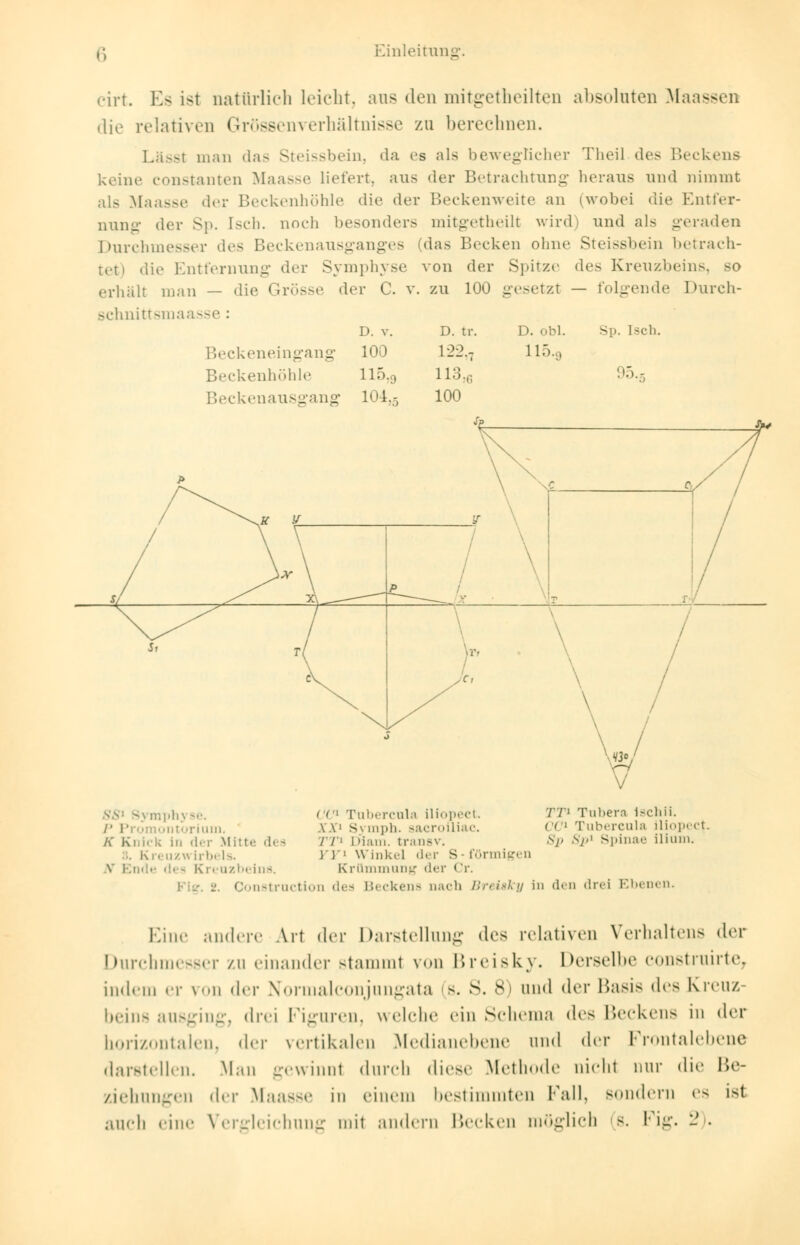 cirt. Es ist natürlich leicht, aus den mitgetheilten absoluten Maass die relativen Grössenverhältnisse zu berechnen. Lässt man das Steissbein, da es als beweglicher Theil des Beckens keine constanten Maasse liefert, aus der Betrachtung heraus und nimmt als Maasse der Beckenhöhle die der Beckenweite an (wobei die Entfer- nung der Sp. Isch. noch besonders mitgetheilt wird) und als geraden Durchmesser des Beckenausganges (das Becken ohne Steissbein betrach- tet) die Entfernung der Symphyse von der Spitze des Kreuzbeins, so erhall man — die Grösse der C. v. zu 100 gesetzt — folgende Durch- schnittsmaasse : ]). V. D. tr. D. obl. Sp. [seh Beckeneingang 100 L22,7 115.9 Beckenhöhle 115-9 113,6 Beckenausgang 104* 100 mphyse. /■ i' toriuin. K Knick In der Mitte d< - . K i. ii/.\s irbels. v Ende des K reuzbeins. V(ß Tubercula iliopect. TT* Tubera ischii. \.\' Symph. aacroiliac. CCl Tubercula iliopect. //' Diam. transv. Sp Sp1 Spinae ilium. ))'' Winkel der S- förmigen Krümmung der Cr. Construction dea Beckena uacb Breisky in den drei Ebenen. Eine andere Art der Darstellung des relativen Verhaltens der Durchmesser zu einander stammt von Breisky. Derselbe construirte, indem er von der Normalconjungata (s. S. 8) und der Basis dr> Kreuz- beins ausging, drei Figuren, welche ein Schema des Beckens in der horizontalen, der vertikalen Medianebene und der Frontalebene darstellen. Man gewinnl durch diese Metln.de nichl nur die Be- ziehungen <\<v Maasse in einem bestimmten Fall, Bondern es ist auch eine Vergleichung mit andern Becken möglich >. Fig. 2).