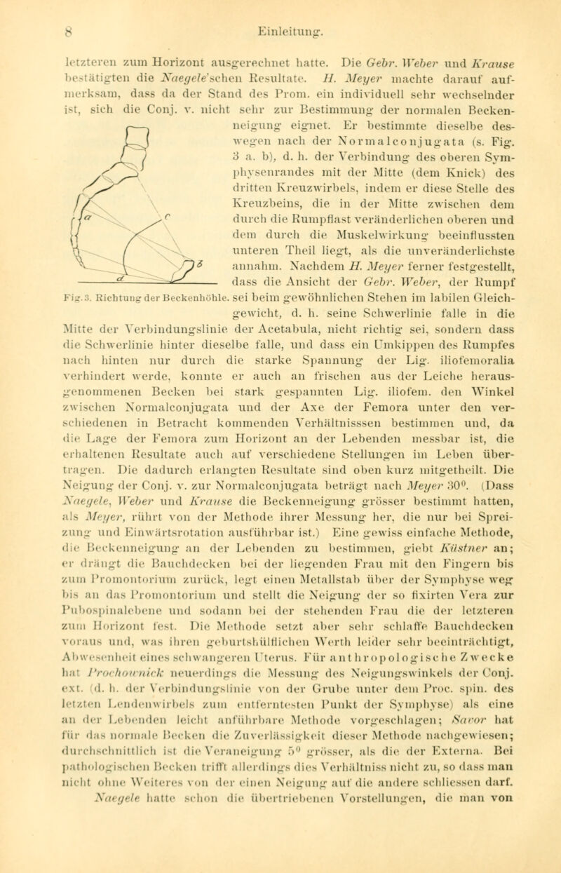 letzteren zum Horizont ausgerechnet hatte. Die Gebr. Weber und Krause bestätigten tue Naegele'sehen Resultate. //. Meyer machte darauf auf- merksam, dass da der Stand des Prom. ein individuell Behr wechselnder ist, sieh die Conj. v. nicht sehr zur Bestimmung der normalen Kecken- neigung eignet. Er bestimmte dieselbe des- wegen nach der Normalconjugata (s. Fig. 3 a. b), d. h. der Verbindung des oberen Sym- physenrandes mit der Mitte (dem Knick) des dritten Kreuzwirbels, indem er diese Stelle des Kreuzbeins, die in der Mitte zwischen dem durch die Rumpflast veränderlichen oberen und dem durch die Muskelwirkung beeinflussten unteren Theil liegt, als die unveränderlichste annahm. Nachdem 11. Meyer ferner festgestellt, dass die Ansicht der Gebr. Weber, der Rumpf Fi--..;. Richtung der Beckenhöhle, sei beim gewöhnlichen Stehen im labilen Gleich- gewicht, d. h. seine Schwerlinie falle in die Mitte der Verbindungslinie der Acetabula, nicht richtig sei, sondern dass die Schwerlinie hinter dieselbe falle, und dass ein Umkippen des Rumpfes nach hinten nur durch die starke Spannung der Lig. iliofemoralia verhindert werde, konnte er auch an frischen aus der Leiche heraus- genommenen Becken bei stark gespannten Lig. iliofem. den Winkel zwischen Normalconjugata und der Axe der Femora unter den ver- schiedenen in Betracht kommenden Yerhaltnisssen bestimmen und, da die Lage der Femora zum Horizont an der Lebenden messbar ist, die erhaltenen Resultate auch auf verschiedene Stellungen im Leben über- trafen. Die dadurch erlangten Resultate sind oben kurz mitgetheilt. Die. Neigung der Conj. v. zur Normalconjugata betragt nach Meyer .*>0°. (Dass Naegele, Weher und Krause die Beckenneigung grösser bestimmt hatten, Meyer, rührt von der Methode ihrer .Messung her, die nur bei Sprei- zung und Einwärtsrotation ausführbar ist.) Eine gewiss einlache Methode, die Beckenneigung an der Lebenden zu bestimmen, giebt Küstner an; er drängt die Bauchdecken bei der liegenden Krau mit den Kingern bis zum Promontorium zurück, legt einen Metallstab über der Symphyse weg bis an das Promontorium und stellt die Neigung der so fixirten Vera zur Pubospinalebene und sodann bei der stehenden Krau die der letzteren zum Horizont fest. Die Methode setzt aber sehr schlaffe Bauch decken Voraus und. was ihren gehurtshiilflichen Werth leider sehr beeinträchtigt, Abwesenheit eines schwangeren Uterus. Kür ant bropologisc he Zwecke bai Prochonmick neuerdings die Messung des Neigungswinkels der Conj. ext. d.h. der Verbindungslinie von der Grube unter dem Proc. spin. des letzten Kendenw irhels zum entferntesten Punkt der Symphyse als eine; an der Lebenden leicht anführbare Methode vorgeschlagen; SdVOr hat für das üormale Kecken die Zuverlässigkeit «lieser Methode nachgewiesen; durchschnittlich Ist die Veraneigung 5° grösser, als die der Externa. Bei pathologischen Kecken triffl allerdings dies Verhältniss nicht zu. so dass man nicht ohne Weiteres von dereinen Neigung auf die andere schliessen darf. Naegele hatte schon die übertriebenen Vorstellungen, die man von