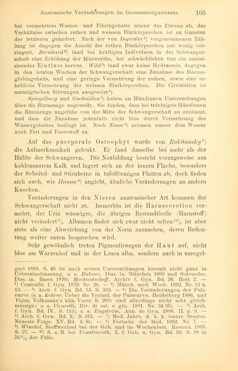 bei vermehrtem Wasser- und Fibringehalte nimml das Eiweiße ab, das Verhältniss zwischen rothen und weissen Blutkörperchen Lsl zu Gunsten der letzteren geändert. Nach der von Ingerslev1) vorgenommenen Zäh- lung- ist dagegen die Anzahl der rothen Blutkörperchen nur wenig ver- ringert. Bernhard2) fand bei kräftigen Individuen in der Schwang schuft eine Erhöhung der Blutwerthe, bei schwächlichen trat ein anämi- sirender Einl'luss hervor. Wild9) fand zwar keine Hydraemie, dagegen in den letzten Wochen der Schwangerschaft eine Zunahme des Haemo- globingehalts, und eine geringe Vermehrung der rothen, sowie eine er- hebliehe Vermehrung der weissen Blutkörperchen. Die Circulation ist mannigfachen Störungen ausgesetzt4). Spiegelberg und Gscheidlen5) haben an Hündinnen Untersuchungen über die Blutmenge angestellt. Sie fanden, dass bei trächtigen Hündinnen die Blutmenge ungefähr von der Mitte der Schwangerschaft an zunimmt, und dass die Zunahme jedenfalls nicht blos durch Vermehrung des Wassergehaltes bedingt ist. Nach Nasse6) nehmen ausser dem Wasser auch Fett und Faserstofl zu. Auf das puerperale Osteophyt wurde von Rokitansky1} die Aufmerksamkeit gelenkt. Er fand dasselbe bei mehr als der Hüllte der Schwangeren. Die Neubildung besteht vorzugsweise aus kohlensaurem Kalk und lagert sich an der innern Fläche, besonders der Scheitel- und Stirnbeine in tafelförmigen Platten ab, doch finden sich auch, wie Hanau*) angiebt, ähnliche Veränderungen an andern Knochen. Veränderungen in den Nieren anatomischer Art kommen der Schwangerschaft nicht zu. Immerhin ist die Harnsecretion ver- mehrt, der Urin wässriger, die übrigen Bestandteile Harnstoff) nicht verändert9). Albanien findet sieh zwar nicht selten10, ist aber stets als eine Abweichung von der Norm anzusehen, deren Bedeu- tung weiter unten besprochen wird. Sehr gewöhnlich treten Piginentirungen der Haut auf, nicht blos am Warzenhof und in der Linea alba, sondern auch in unregd- gart 1889. S. 45 ist nach seinen Untersuchungen hiermit nicht ganz in Uebereinstimmung, s. a. Dubner, I>is>. in. München 1890 und Schroeder, Diss. in. Basel 1890; Mochnatscheff, Archiv f. Gyn. Bd. 36. Heft 2. — •ntralhl. f. Gyn. 1879. Nr. 26. -- - Münch. med-. Woch. 1892. Nr. 12 u. 13. :ii Arch. f. Gyn. Bd. 53. S. 363. — 4) Die Veränderungen der Puls- curve (s. a. Kehrer, Ueber die Veränd. der Pulscurve. Heidelberg 1886, und Vejas, Volkmann's klin.Vortr. S. 269) Bind allerdings Dicht sehr gleich- massige; b. a. VicareUi, Riv. di ost. <• gin. 1891. Nr. 34/35).  Arch. f. Gyn. Bd. IV. S. 113; b. a. Engström, Ann. de Gyn. 1886. II. p. 9. — jrch. f. Gvn. Bd. X. S. 815. - : Med. Jahrb. d. k. k. österr. Staates. Neueste Folge. XV. Bd. 1. St. I ortschr. der Med. 1892. Nr. 7. Winckel, Stoffwechsel bei der Geb. und im Wochenbett. Rostock iv,;>. s. 27. - lM s. z.B. bei Trantenroth, Z. f. Geb. u. Gyn. Bd. 30. S. 98 in der Fälle.