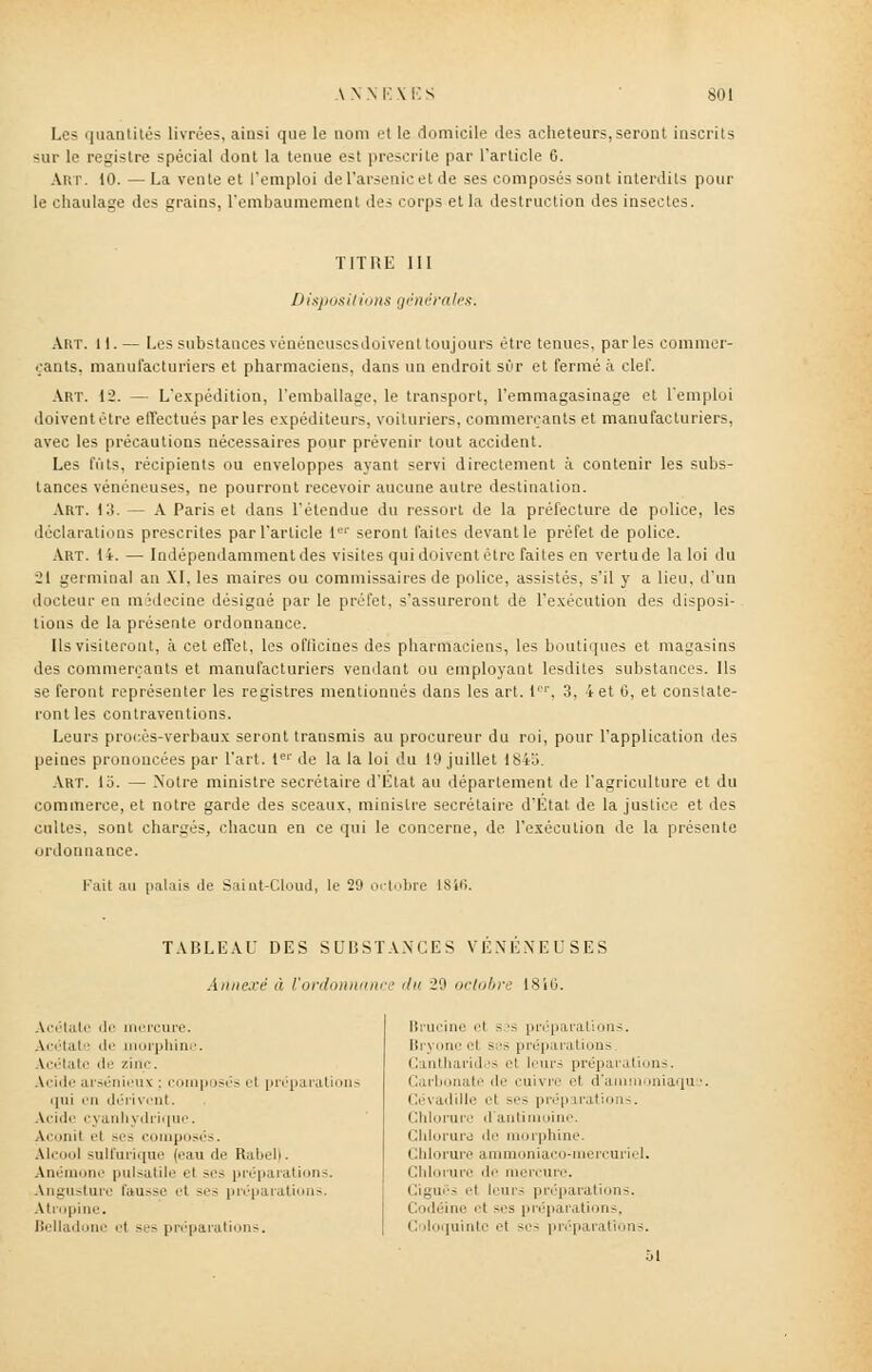 Les quantités livrées, ainsi que le nom et le domicile des acheteurs,seront inscrits sur le registre spécial dont la tenue est proscrite par l'article 6. Art. 10. — La vente et l'emploi de l'arsenic et de ses composés sont interdits pour le chaulage des grains, l'embaumement des corps et la destruction des insectes. TITRE III Dispositions générales: Art. 11. — Les substances vénéneuscsdoivent toujours être tenues, par les commer- çants, manufacturiers et pharmaciens, dans un endroit sur et fermé à clef. Art. 12. — L'expédition, l'emballage, le transport, l'emmagasinage et l'emploi doivent être effectués parles expéditeurs, voituriers, commerçants et manufacturiers, avec les précautions nécessaires pour prévenir tout accident. Les fûts, récipients ou enveloppes ayant servi directement à contenir les subs- tances vénéneuses, ne pourront recevoir aucune autre destination. Art. (3. — A Paris et dans l'étendue du ressort de la préfecture de police, les déclarations prescrites par l'article 1er seront laites devant le préfet de police. Art. 14. — Indépendamment des visites qui doivent être faites en vertu de la loi du 21 germinal an XI, les maires ou commissaires de police, assistés, s'il y a lieu, d'un docteur en médecine désigné par le préfet, s'assureront de l'exécution des disposi- tions de la présente ordonnance. Ils visiteront, à cet effet, les officines des pharmaciens, les boutiques et magasins des commerçants et manufacturiers vendant ou employant lesdites substances. Ils se feront représenter les registres mentionnés dans les art. 1er, 3, 4 et 6, et constate- ront les contraventions. Leurs procès-verbaux seront transmis au procureur du roi, pour l'application des peines prononcées par l'art. 1er de la la loi du 10 juillet 184b. Art. la. — Notre ministre secrétaire d'Etat au département de l'agriculture et du commerce, et notre garde des sceaux, ministre secrétaire d'Etat de la justice et des cultes, sont chargés, chacun en ce qui le concerne, de l'exécution de la présente ordonnance. Fait au palais de Saint-Cloud, le 29 octobre lSlfi. TABLEAU DES SUBSTANCES VENENEUSES Annexé à l'ordonnance du 29 octobre lsio. Acétate de mercure. Acétate il'1 morphine. Acétate de zinc. Acide arsénieux : composés et préparations qui en dérivent. Acide cyanhydrique. Aconil ''i ses composés. Alcool sulfurique (eau de Rabel). Anémone pulsatile el ses préparations. Angustore Fausse et ses préparations. Atropine. Belladone el ses préparations. Brucine el s is préparations. Bryone el ses préparations Cantharides el leurs préparations. Carbonate de cuivre ef d'ammoniaque i;r\adille el ses préparations. Chlorure >l antimoine. Chlorure de morphine. Chlorure ammoniaco-mercuriel. Chlorure de mercure. Ciguës ei leurs préparations. Codéine cl ses préparations, Coloquinte et ses préparations. ôl