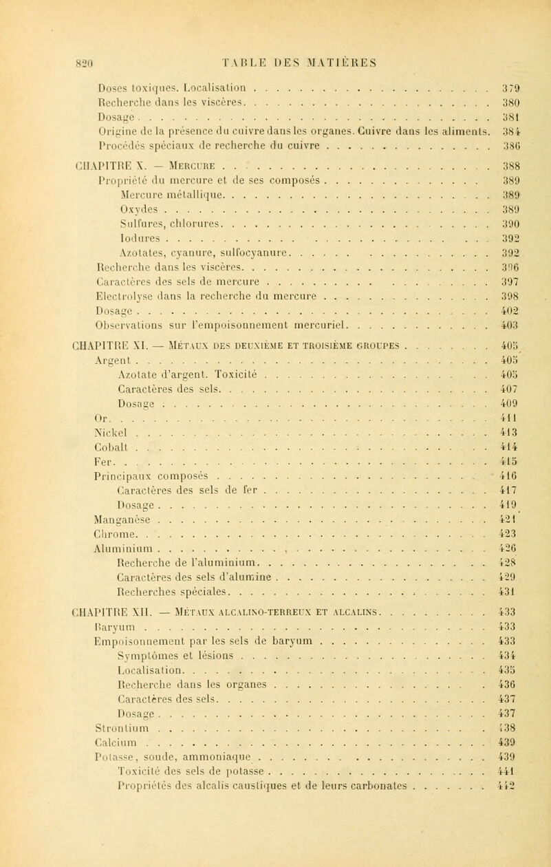 Doses toxiques. Localisation 379 Recherche dans les viscères 380 Dosage 381 Origine de la présence du cuivre dans les organes. Cuivre dans les aliments. 384 Procédés spéciaux de recherche du cuivre 380 CHAPITRE X. - Mercure 388 Propriété du mercure et de ses composés 389 Mercure métallique 389 Oxydes 389 Sulfures, chlorures 390 lodures 392 Azotates, cyanure, sull'ocyanure 392 Recherche dans les viscères 3!)6 Caractères des sels de mercure 397 Electrolyse dans la recherche du mercure 398 Dosage 402 Observations sur l'empoisonnement mercuriel 403 CHAPITRE XI. — MÉTAUX DES DEUXIÈME ET TROISIÈME GROUPES 405 Argent 403 Azotate d'argent. Toxicité 405 Caractères des sels 407 Dosage 409 Or. . . Hl Nickel 413 Cobalt 414 Fer 415 Principaux composés 416 Caractères des sels de fer 417 Dosage 419 Manganèse 421 Chrome 423 Aluminium , 126 Recherche de l'aluminium 428 Caractères des sels d'alumine 429 Recherches spéciales , 431 CHAPITRE XII. — MÉTAUX ALCALINO-TERREUX ET ALCALINS 433 liaryum 433 Empoisonnement par les sels de baryum 433 Symptômes et lésions 434 Localisation 435 Recherche dans les organes 436 Caractères des sels 437 Dosage 437 Strontium 138 Calcium 439 Potasse, soude, ammoniaque 439 Toxicité des sels de potasse 441 Propriétés des alcalis caustiques et de leurs carbonates 412