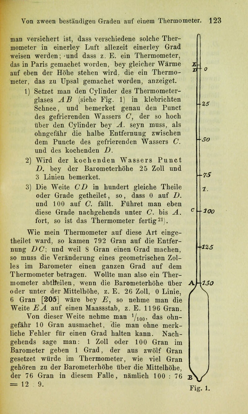 man versichert ist, dass verschiedene solche Ther- mometer in einerley Luft allezeit einerley Grad weisen werden; und dass z. E. ein Thermometer, das in Paris gemachet worden, bey gleicher Wärme auf eben der Höhe stehen wird, die ein Thermo- meter, das zu Upsal gemachet worden, anzeiget. 1) Setzet man den Cylinder des Thermometer- glases AB (siehe Fig. 1) in klebrichten Schnee, und bemerket genau den Punct des gefrierenden Wassers C, der so hoch über den Cylinder bey A. seyn muss, als ohngefähr die halbe Entfernung zwischen dem Puncte des gefrierenden Wassers C. und des kochenden D. 2) Wird der kochenden Wassers Punct D. bey der Barometerköhe 25 Zoll und 3 Linien bemerket. 3) Die Weite CD in hundert gleiche Theile oder Grade getheilet, so, dass 0 auf TJ. und 100 auf C. fällt. Führet man eben diese Grade nachgehends unter C. bis A. fort, so ist das Thermometer fertig21). Wie mein Thermometer auf diese Art einge- theilet ward, so kamen 792 Gran auf die Entfer- nung DC; und weil 8 Gran einen Grad machen, so muss die Veränderung eines geometrischen Zol- les im Barometer einen ganzen Grad auf dem Thermometer betragen. Wollte man also ein Ther- mometer abtlteilen, wenn die Barometerhöhe über oder unter der Mittelhöhe, z. E. 26 Zoll, 0 Linie, 6 Gran [205] wäre bey E, so nehme man die Weite EA auf einen Maassstab, z. E. 1196 Gran. Von dieser Weite nehme man '/i0o> das ohn- gefähr 10 Gran ausmachet, die man ohne merk- liche Fehler für einen Grad halten kann. Nach- gehends sage man: 1 Zoll oder 100 Gran im Barometer geben 1 Grad, der aus zwölf Gran gesetzet würde im Thermometer, wie viel Gran gehören zu der Barometerhöhe über die Mittelhöhe, der 76 Gran in diesem Falle, nämlich 100 : 76 = 12 9. ■ 25 W-7S 1. 100 ■1Z5 ■\lJO V Fig. 1.