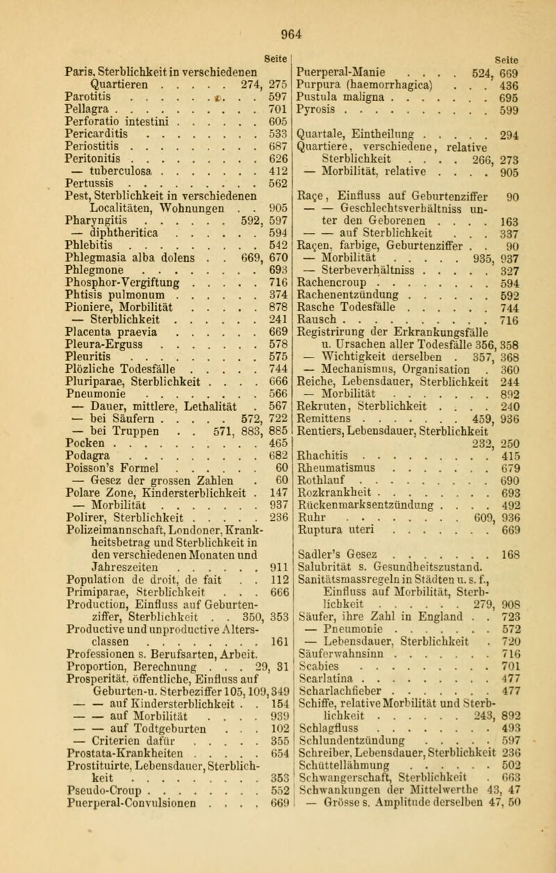Seite Paris. Sterblichkeit in verschiedenen Quartieren 274, 275 Parotitis «... 597 Pellagra 701 Perforatio intestini 605 Pericarditis 533 Periostitis 687 Peritonitis 626 — tuberculosa 412 Pertussis 562 Pest, Sterblichkeit in verschiedenen Localitäten, Wohnungen . . 905 Pharyngitis 592, 597 — diphtheritica 594 Phlebitis 542 Phlegmasia alba dolens . . 669, 670 Phlegmone 693 Phosphor-Vergiftung 716 Phtisis pulmonum 374 Pioniere, Morbilität 878 — Sterblichkeit 241 Placenta praevia 669 Pleura-Erguss 578 Pleuritis 575 Plözliche Todesfälle 744 Pluriparae, Sterblichkeit .... 666 Pneumonie 566 — Dauer, mittlere. Lethalität . 567 — bei Säufern ..... 572, 722 — bei Truppen . . 571, 883, 885 Pocken 465 Podagra 682 Poisson's Formel 60 — Gesez der grossen Zahlen . 60 Polare Zone, Kindersterblichkeit . 147 — Morbilität 937 Polirer, Sterblichkeit 236 Polizeimannschaft, Londoner, Krank- heitsbetrag und Sterblichkeit in den verschiedenen Monaten und Jahreszeiten 911 Population de droit, de fait . . 112 Primiparae, Sterblichkeit . . . 666 Production, Einfluss auf Geburten- ziffer, Sterblichkeit . . 350, 353 Productive und unproductive Alters- classen 161 Professionen s. Berufsarten, Arbeit. Proportion, Berechnung . . . 29, 31 Prosperität, öffentliche, Einfluss auf Geburten-u. Sterbeziffer 105,109,349 — — auf Kindersterblichkeit . . 154 auf Morbilität .... 939 auf Todtgeburten . . . 102 — Criterien dafür 355 Prostata-Krankheiten 654 Prostituirte, Lebensdauer, Sterblich- keit 353 Pseudo-Croup 552 Puerperal-Convulsionen .... 669 Seite Puerperal-Manie .... 524, 669 Purpura (haemorrhagica) . . . 436 Pustula maligna 695 Pyrosis 599 Quartale, Eintheilung 294 Quartiere, verschiedene, relative Sterblichkeit .... 266, 273 — Morbilität, relative .... 905 Race, Einfluss auf Geburtenziffer 90 — — Geschlechtsverhältniss un- ter den Geborenen .... 163 auf Sterblichkeit . . . 337 Ragen, farbige, Geburtenziffer . . 90 — Morbilität 935, 937 — Sterbeverhältniss 327 Rachencroup 594 Rachenentzündung 592 Rasche Todesfälle 744 Rausch 716 Registrirung der Erkrankungsfälle u. Ursachen aller Todesfälle 356, 358 — Wichtigkeit derselben . 357, 368 — Mechanismus, Organisation . 360 Reiche, Lebensdauer, Sterblichkeit 244 — Morbilität 892 Rekruten, Sterblichkeit .... 240 Remittens 459, 936 Rentiers, Lebensdauer, Sterblichkeit 232, 250 Rhachitis 415 Rheumatismus 679 Rothlauf 090 Rozkrankheit 693 Rückenmarksentzündung .... 492 Ruhr 609, 936 Ruptura uteri 669 Sadler's Gesez 168 Salubrität s. Gesundheitszustand. Sanitätsmassregeln in Städten u. s. f., Einfluss auf Morbilität, Sterb- lichkeit 279, 908 Säufer, ihre Zahl in England . . 723 — Pneumonie 572 — Lebensdauer, Sterblichkeit . 7:20 Säuferwahnsinn 716 Scabies 701 Scarlatina 477 Scharlachöeber 477 Schiffe, relative Morbilität und Sterb- lichkeit 243, 892 Schlagfluss 493 Schlundentzündung (|7 Schreiber, Lebensdauer, Sterblichkeit 236 Schüttellähmung 502 Schwangerschaft, Sterblichkeit . 668 Schwankungen der Mittelwerthc 43, 47 — Grosses. Amplitude derselben 47. 60
