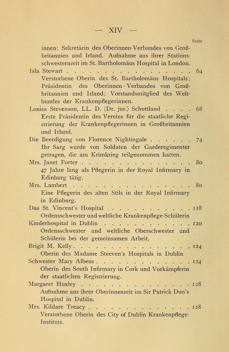 Seite innen; Sekretärin des Oberinnen-Verbandes von Groß- britannien und Irland. Aufnahme aus ihrer Stations- schwesternzeit im St. Bartholomäus Hospital in London. Isla Stewart .64 Verstorbene Oberin des St. Bartholomäus Hospitals; Präsidentin des Oberinnen - Verbandes von Groß- britannien und Irland; Vorstandsmitglied des Welt- bundes der Krankenpflegerinnen. Louisa Stevenson, LL. D. (Dr. jur.) Schottland .... 68 Erste Präsidentin des Vereins für die staatliche Regi- strierung der Krankenpflegerinnen in Großbritannien und Irland. Die Beerdigung von Florence Nightingale 74 Ihr Sarg wurde von Soldaten der Garderegimenter getragen, die am Krimkrieg teilgenommen hatten. Mrs. Janet Porter 80 47 Jahre lang als Pflegerin in der Royal Infirmary in Edinburg tätig. Mrs. Lambert 80 Eine Pflegerin des alten Stils in der Royal Infirmary in Edinburg. Das St. Vincent's Hospital 118 Ordensschwester und weltliche Krankenpflege-Schülerin Kinderhospital in Dublin 120 Ordensschwester und weltliche Oberschwester und Schülerin bei der gemeinsamen Arbeit. Brigit M. Kelly 124 Oberin des Madame Steeven's Hospitals in Dublin Schwester Mary Albeus 124 Oberin des South Infirmary in Cork und Vorkämpferin der staatlichen Registrierung. Margaret Huxley 128 Aufnahme aus ihrer Oberinnenzeit im Sir Patrick Dun's Hospital in Dublin. Mrs. Kildare Treacy 128 Verstorbene Oberin des City of Dublin Krankenpflege- Instituts.