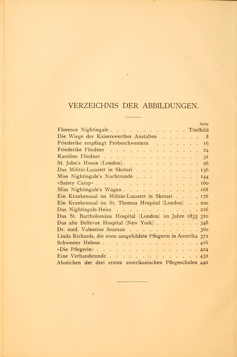 VERZEICHNIS DER ABBILDUNGEN. Seite Florence Nightingale Titelbild Die Wiege der Kaiserswerther Anstalten 8 Friederike empfängt Probeschwestern 16 Friederike Fliedner 24 Karoline Fliedner 32 St. John's House (London) 96 Das Militär-Lazarett in Skutari 136 Miss Nightingale's Nachtrunde 144 »Sairey Camp« 160 Miss Nightingale's Wagen 168 Ein Krankensaal im Militär-Lazarett in Skutari . . . .176 Ein Krankensaal im St. Thomas Hospital (London) . . 200 Das Nightingale-Heim 216 Das St. Bartholomäus Hospital (London) im Jahre 1833 320 Das alte Bellevue Hospital (New York) 348 Dr. med. Valentine Seaman 360 Linda Richards, die erste ausgebildete Pflegerin in Amerika 372 Schwester Helene 416 »Die Pflegerin« 424 Eine Verbandstunde 432 Abzeichen der drei ersten amerikanischen Pflegeschulen 440