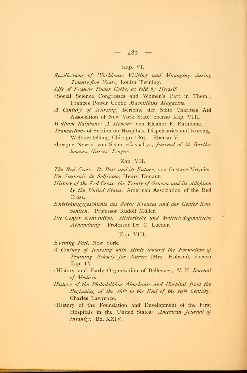 Kap. VI. Recollections of Workhouse Visiting and Managing during Twenty-five Years, Louisa Twining. Life of Frances Power Cobbe, as told by Herself. »Social Science Congresses and Women's Part in Them«, Frances Power Cobbe Maanillans Magazine. A Century of Nursing, Berichte der State Charities Aid Association of New York State, ebenso Kap. VIII. William Rathbone: A Memoir, von Eleanor F. Rathbone. Transactions of Section on Hospitals, Dispensaries and Nursing, Weltausstellung Chicago 1893. Ebenso V. »League News«, von Sister »Casualty», Journal of St. Bartho- lomews Nurses League. Kap. VII. The Red Cross: Lts Fast and its Future, von Gustave Moynier. Un Souvenir de Solferino, Henry Dunant. History of the Red Cross, the Treaty of Geneva and its Adoption by the United States, American Association of the Red Cross. Entstehungsgeschichte des Roten Kreuzes und der Genfer Kon- vention. Professor Rudolf Müller. Die Genfer Konvention. Historische und kritisch-dogmatische Abhandlung. Professor Dr. C. Lueder. Kap. VIII. Eveniftg Post, New York. A Century of Ntirsing with Hints toivard the Formation of Training Schools for Nurses (Mrs. Hobson), ebenso Kap. IX. »History and Early Organisation of Bellevue«, Ar. Y. Journal of Medicin. History of the Philadelphia Almshouse and Hospital from the Beginning of the i8th to the End of the iQth Century. Charles Lawrence. »History of the Foundation and Development of the First Hospitals in the United States« American Journal of Lnsanity. Bd. XXIV.
