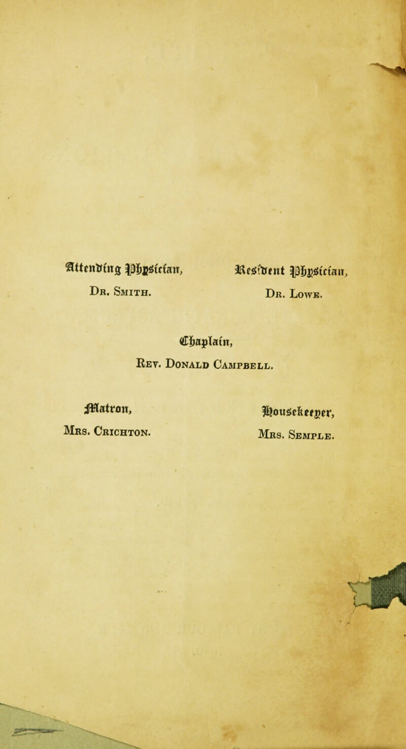 9tttn»(iig PfosWan, sKcsfttntt pj&jittfan, Dr. Smith. Dr. Lowe. GJjaptafir, Rev. Donald Campbell. Matron, ftouatUtntt, Mrs. Crichton. Mrs. Semple. t*