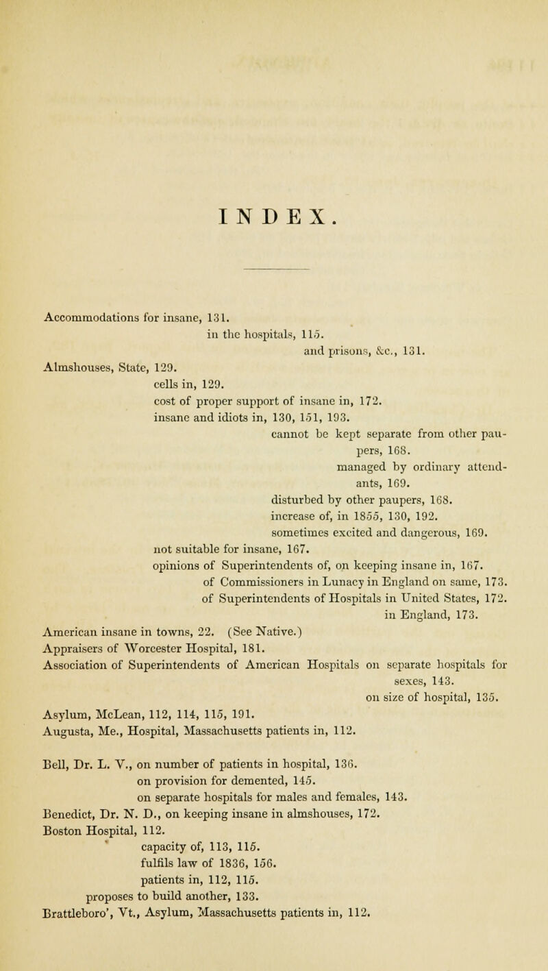 INDEX Accommodations for insane, 131. in the hospitals, 115. and prisons, &c, 131. Almshouses, State, 129. cells in, 129. cost of proper support of insane in, 172. insane and idiots in, 130, 151, 193. cannot be kept separate from other pau- pers, 168. managed by ordinary attend- ants, 169. disturbed by other paupers, 168. increase of, in 1855, 130, 192. sometimes excited and dangerous, 169. not suitable for insane, 167. opinions of Superintendents of, on keeping insane in, 167. of Commissioners in Lunacy in England on same, 173. of Superintendents of Hospitals in United States, 172. in England, 173. American insane in towns, 22. (See Native.) Appraisers of Worcester Hospital, 181. Association of Superintendents of American Hospitals on separate hospitals for sexes, 143. on size of hospital, 135. Asylum, McLean, 112, 114, 115, 191. Augusta, Me., Hospital, Massachusetts patients in, 112. Bell, Dr. L. V., on number of patients in hospital, 136. on provision for demented, 145. on separate hospitals for males and females, 143. Benedict, Dr. N. D., on keeping insane in almshouses, 172. Boston Hospital, 112. capacity of, 113, 115. fulfils law of 1836, 156. patients in, 112, 115. proposes to build another, 133. Brattleboro', Vt, Asylum, Massachusetts patients in, 112,