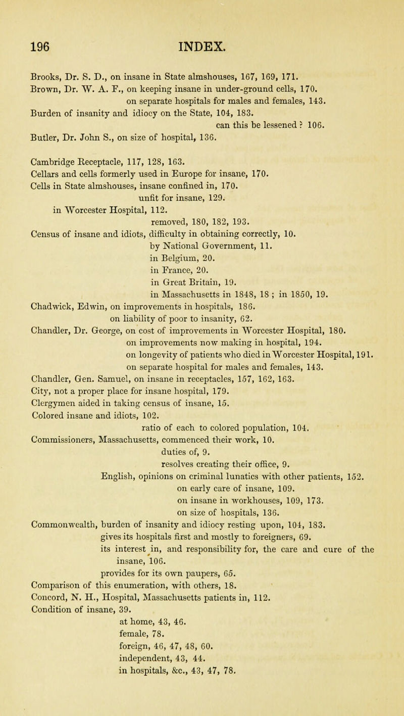Brooks, Dr. S. D., on insane in State almshouses, 167, 169, 171. Brown, Dr. W. A. F., on keeping insane in under-ground cells, 170. on separate hospitals for males and females, 143. Burden of insanity and idiocy on the State, 104, 183. can this be lessened ? 106. Butler, Dr. John S., on size of hospital, 136. Cambridge Receptacle, 117, 128, 163. Cellars and cells formerly used in Europe for insane, 170. Cells in State almshouses, insane confined in, 170. unfit for insane, 129. in Worcester Hospital, 112. removed, 180, 182, 193. Census of insane and idiots, difficulty in obtaining correctly, 10. by National Government, 11. in Belgium, 20. in Prance, 20. in Great Britain, 19. in Massachusetts in 1848, 18 ; in 1850, 19. Chadwick, Edwin, on improvements in hospitals, 186. on liability of poor to insanity, 62. Chandler, Dr. George, on cost of improvements in Worcester Hospital, 180. on improvements now making in hospital, 194. on longevity of patients who died in Worcester Hospital, 191. on separate hospital for males and females, 143. Chandler, Gen. Samuel, on insane in receptacles, 157, 162, 163. City, not a proper place for insane hospital, 179. Clergymen aided in taking census of insane, 15. Colored insane and idiots, 102. ratio of each to colored population, 104. Commissioners, Massachusetts, commenced their work, 10. duties of, 9. resolves creating their office, 9. English, opinions on criminal lunatics with other patients, 152. on early care of insane, 109. on insane in workhouses, 109, 173. on size of hospitals, 136. Commonwealth, burden of insanity and idiocy resting upon, 104, 183. gives its hospitals first and mostly to foreigners, 69. its interest in, and responsibility for, the care and cure of the insane, 106. provides for its own paupers, 65. Comparison of this enumeration, with others, 18. Concord, N. H., Hospital, Massachusetts patients in, 112. Condition of insane, 39. at home, 43, 46. female, 78. foreign, 46, 47, 48, 60. independent, 43, 44. in hospitals, &c, 43, 47, 78.