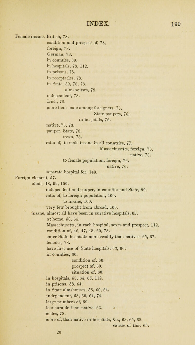 Female insane, British, 78. condition and prospect of, 78. foreign, 78. German, 78. in counties, 39. in hospitals, 78, 112. in prisons, 78. in receptacles, 7S. in State, 39, 76, 78. almshouses, 78. independent, 78. Irish, 78. more than male among foreigners, 76. State paupers, 76. in hospitals, 76. native, 76, 78. pauper, State, 78. town, 78. ratio of, to male insane in all countries, 77. Massachusetts, foreign, 76. native, 76. to female population, foreign, 76. native, 76. separate hospital for, 143. Foreign element, 57. idiots, 18, 99, 100. independent and pauper, in counties and State, 99. ratio of, to foreign population, 100. to insane, 100. very few brought from abroad, 100. insane, almost all have been in curative hospitals, 65. at home, 58, 64. Massachusetts, in each hospital, sexes and prospect, 112. condition of, 46, 47, 48, 60, 78. enter State hospitals more readily than natives, 65, 67. females, 78. have first use of State hospitals, 63, 66. in counties, 60. condition of, 60. prospect of, 60. situation of, 60. in hospitals, 58, 64, 65, 112. in prisons, 68, 64. in State almshouses, 58, 60, 64. independent, 58, 60, 64, 74. large numbers of, 59. less curable than native, 63. » males, 78. more of, than native in hospitals, &c, 63, 65, 68. causes of this. 63. 26