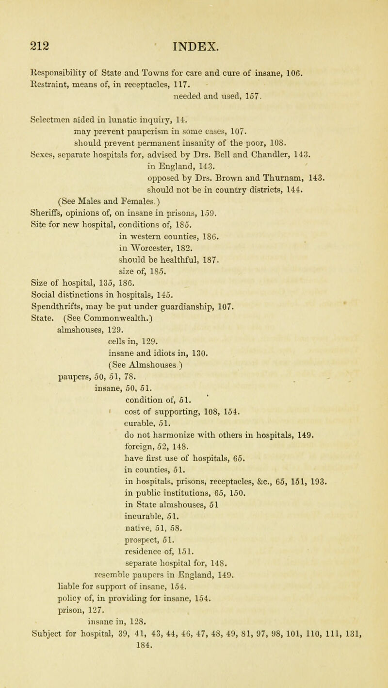 Responsibility of State and Towns for care and cure of insane, 106. Restraint, means of, in receptacles, 117. needed and used, 167. Selectmen aided in lunatic inquiry, 11. may prevent pauperism in some cases, 107. should prevent permanent insanity of the poor, 108. Sexes, separate hospitals for, advised by Drs. Bell and Chandler, 143. in England, 143. opposed by Drs. Brown and Thurnam, 143. should not be in country districts, 144. (See Males and Pemales.) Sheriffs, opinions of, on insane in prisons, 1.59. Site for new hospital, conditions of, 185. in western counties, 186. in Worcester, 182. should be healthful, 187. size of, 185. Size of hospital, 135, 186. Social distinctions in hospitals, 145. Spendthrifts, may be put under guardianship, 107. State. (See Commonwealth.) almshouses, 129. cells in, 129. insane and idiots in, 130. (See Almshouses ) paupers, 50, 51, 78. insane, 50, 51. condition of, 51. 1 cost of supporting, 108, 154. curable, 51. do not harmonize with others in hospitals, 149. foreign, 62, 148. have first use of hospitals, 66. in counties, 51. in hospitals, prisons, receptacles, &c, 65, 151, 193. in public institutions, 63, 150. in State almshouses, 51 incurable, 51. native, 51, 58. prospect, 51. residence of, 151. separate hospital for, 14S. resemble paupers in England, 149. liable for support of insane, 154. policy of, in providing for insane, 154. prison, 127. insane in, 128. Subject for hospital, 39, 41, 43, 44, 46, 47, 48, 49, 81, 97, 98, 101, 110, 111, 131, 184.