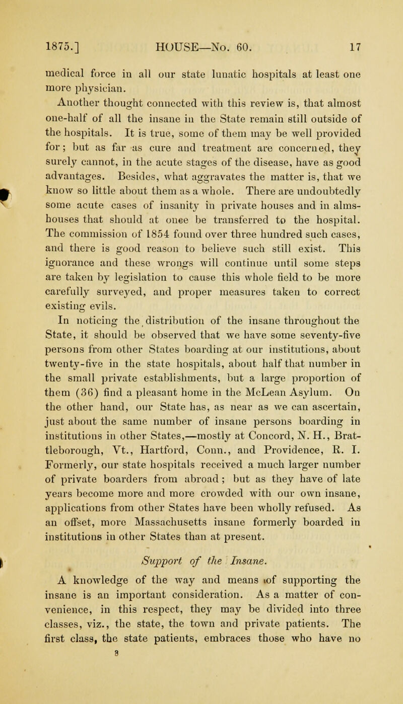 medical force in all our state lunatic hospitals at least one more physician. Auother thought connected with this review is, that almost one-half of all the insane in the State remain still outside of the hospitals. It is true, some of them may be well provided for; but as far as cure and treatment are concerned, they surely cannot, in the acute stages of the disease, have as good advantages. Besides, what aggravates the matter is, that we know so little about them as a whole. There are undoubtedly some acute cases of insanity in private houses and in alms- houses that should at once be transferred to the hospital. The commission of 1854 found over three hundred such cases, and there is good reason to believe such still exist. This ignorance and these wrongs will continue until some steps are taken by legislation to cause this whole field to be more carefully surveyed, and proper measures taken to correct existing evils. In noticing the distribution of the insane throughout the State, it should be observed that we have some seventy-five persons from other States boarding at our institutions, about twenty-five in the state hospitals, about half that number in the small private establishments, but a large proportion of them (36) find a pleasant home in the McLean Asylum. On the other hand, our State has, as near as we can ascertain, just about the same number of insane persons boarding in institutions in other States,—mostly at Concord, N. H., Brat- tleborough, Vt., Hartford, Conn., and Providence, R. I. Formerly, our state hospitals received a much larger number of private boarders from abroad; but as they have of late years become more and more crowded with our own insane, applications from other States have been wholly refused. As an offset, more Massachusetts insane formerly boarded in institutions in other States than at present. Support of the Insane. A knowledge of the way and means iof supporting the insane is an important consideration. As a matter of con- venience, in this respect, they may be divided into three classes, viz., the state, the town and private patients. The first class, the state patients, embraces those who have no 8