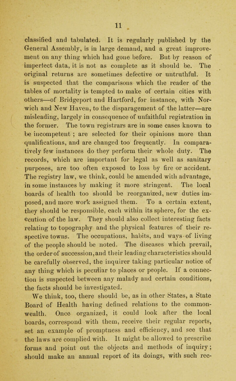 classified and tabulated. It is regularly published by the General Assembly, is in large demand, and a great improve- ment on any thing which had gone before. But by reason of imperfect data, it is not as complete as it should be. The original returns are sometimes defective or untruthful. It is suspected that the comparisons which the reader of the tables of mortality is tempted to make of certain cities with others—of Bridgeport and Hartford, for instance, with Nor- wich and New Haven, to the disparagement of the latter—are misleading, largely in consequence of unfaithful registration iu the former. The town registrars are in some cases known to be incompetent ; are selected for their opinions more than qualifications, and are changed too frequently. In compara- tively few instances do they perform their whole duty. The records, which are important for legal as well as sanitary purposes, are too often exposed to loss by fire or accident. The registry law, we think, could be amended with advantage, in some instances by making it more stringent. The local boards of health too should be reorganized, new duties im- posed, and more work assigned them. To a certain extent, they should be responsible, each within its sphere, for the ex- ecution of the law. They should also collect interesting facts relating to topography and the physical features of their re- spective towns. The occupations, habits, and ways-of living of the people should be noted. The diseases which prevail, the order of succession, and their leading characteristics should be carefully observed, the inquirer taking particular notice of any thing which is peculiar to places or people. If a connec- tion is suspected between any malady and certain conditions, the facts should be investigated. We think, too, there should be, as in other States, a State Board of Health having defined relations to the common- wealth. Once organized, it could look after the local boards, correspond with them, receive their regular reports, set an example of promptness and efficiency, and see that the laws are complied with. It might be allowed to prescribe forms and point out the objects and methods of inquiry; should make an annual report of its doings, with such rec-