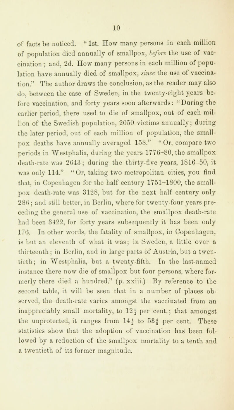 of facts be noticed.  1st. How many persons in each million of population died annually of smallpox, before the use of vac- cination; and, 2d. How many persons in each million of popu- lation have annually died of smallpox, since the use of vaccina- tion. The author draws the conclusion, as the reader may also do, between the case of Sweden, in the twenty-eight years be- fore vaccination, and forty years soon afterwards: During the earlier period, there used to die of smallpox, out of each mil- lion of the Swedish population, 2050 victims annually; during the later period, out of each million of population, the small- pox deaths have annually averaged 158.  Or, compare two periods in Westphalia, during the years 1776-80, the smallpox death-rate was 2643; during the thirty-five years, 1816-50, it was only 114. Or, taking two metropolitan cities, you find that, in Copenhagen for the half century 1751-1800, the small- pox death-rate was 3128, but for the next half century only 286 ; and still better, in Berlin, where for twenty-four years pre- ceding the general use of vaccination, the smallpox death-rate had been 3122, for forty years subsequently it has been only 176. In other words, the fatality of smallpox, in Copenhagen, is but an eleventh of what it was; in Sweden, a little over a thirteenth; in Berlin, and in large parts of Austria, but a twen- tieth ; in Westphalia, but a twenty-fifth. In the last-named instance there now die of smallpox but four persons, where for- merly there died a hundred. (p. xxiii.) By reference to the second table, it will be seen that in a number of places ob- served, the death-rate varies amongst the vaccinated from an inappreciably small mortality, to 12\ per cent.; that amongst the unprotected, it ranges from 14J to 53| per cent. These statistics show that the adoption of vaccination has been fol- lowed by a reduction of the smallpox mortality to a tenth and a twentieth of its former magnitude.