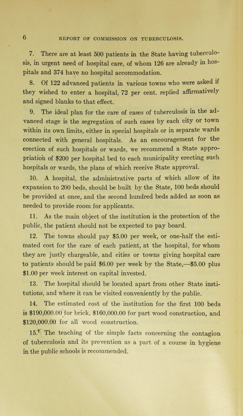 7. There are at least 500 patients in the State having tuberculo- sis, in urgent need of hospital care, of whom 126 are already in hos- pitals and 374 have no hospital accommodation. 8. Of 122 advanced patients in various towns who were asked if they wished to enter a hospital, 72 per cent, replied affirmatively and signed blanks to that effect. 9. The ideal plan for the care of cases of tuberculosis in the ad- vanced stage is the segregation of such cases by each city or town within its own limits, either in special hospitals or in separate wards connected with general hospitals. As an encouragement for the erection of such hospitals or wards, we recommend a State appro- priation of $200 per hospital bed to each municipality erecting such hospitals or wards, the plans of which receive State approval. 10. A hospital, the administrative parts of which allow of its expansion to 200 beds, should be built by the State, 100 beds should be provided at once, and the second hundred beds added as soon as needed to provide room for applicants. 11. As the main object of the institution is the protection of the public, the patient should not be expected to pay board. 12. The towns should pay $5.00 per week, or one-half the esti- mated cost for the care of each patient, at the hospital, for whom they are justly chargeable, and cities or towns giving hospital care to patients should be paid $6.00 per week by the State,—-$5.00 plus $1.00 per week interest on capital invested. 13. The hospital should be located apart from other State insti- tutions, and where it can be visited conveniently by the public. 14. The estimated cost of the institution for the first 100 beds is $190,000.00 for brick, $160,000.00 for part wood construction, and $120,000.00 for all wood construction. 15.r The teaching of the simple facts concerning the contagion of tuberculosis and its prevention as a part of a course in hygiene in the public schools is recommended.