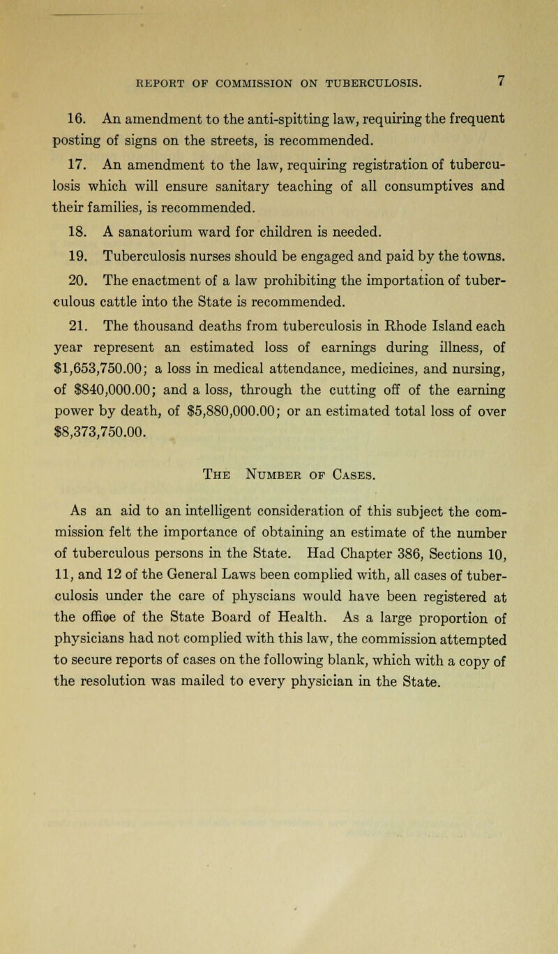 16. An amendment to the anti-spitting law, requiring the frequent posting of signs on the streets, is recommended. 17. An amendment to the law, requiring registration of tubercu- losis which will ensure sanitary teaching of all consumptives and their families, is recommended. 18. A sanatorium ward for children is needed. 19. Tuberculosis nurses should be engaged and paid by the towns. 20. The enactment of a law prohibiting the importation of tuber- culous cattle into the State is recommended. 21. The thousand deaths from tuberculosis in Rhode Island each year represent an estimated loss of earnings during illness, of $1,653,750.00; a loss in medical attendance, medicines, and nursing, of $840,000.00; and a loss, through the cutting off of the earning power by death, of $5,880,000.00; or an estimated total loss of over $8,373,750.00. The Number of Cases. As an aid to an intelligent consideration of this subject the com- mission felt the importance of obtaining an estimate of the number of tuberculous persons in the State. Had Chapter 386, Sections 10, 11, and 12 of the General Laws been complied with, all cases of tuber- culosis under the care of physcians would have been registered at the ofnoe of the State Board of Health. As a large proportion of physicians had not complied with this law, the commission attempted to secure reports of cases on the following blank, which with a copy of the resolution was mailed to every physician in the State.