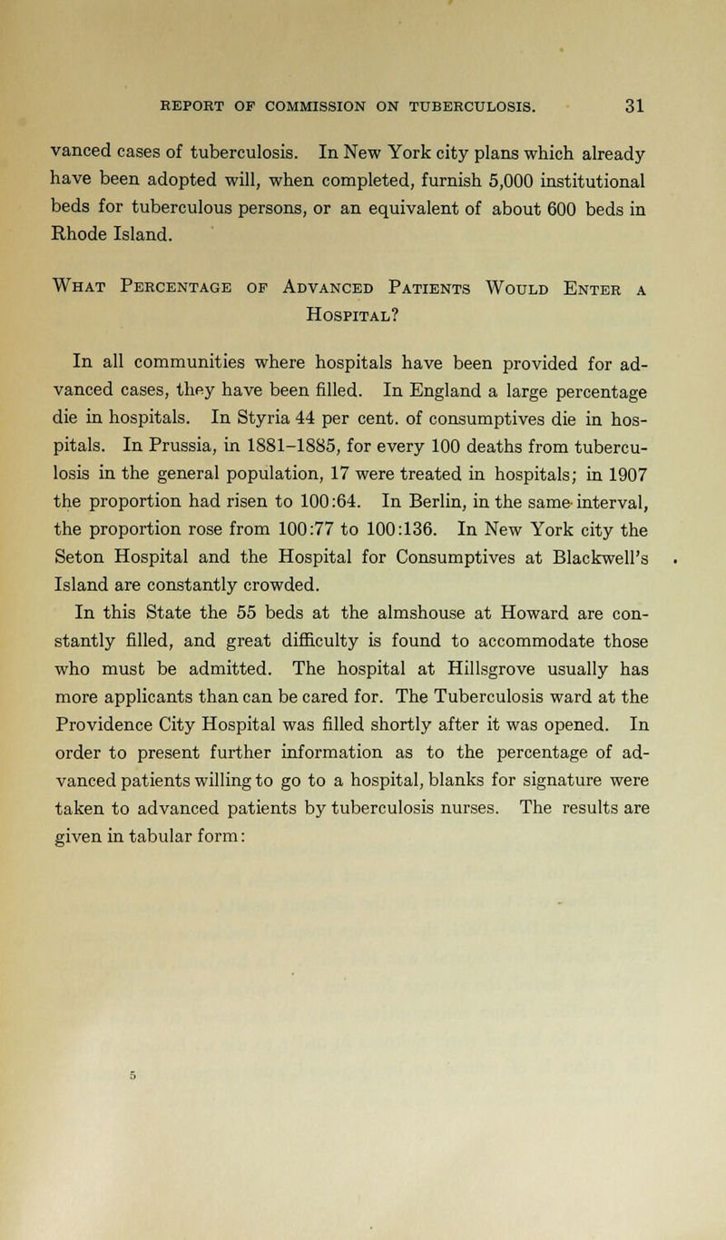 vanced cases of tuberculosis. In New York city plans which already have been adopted will, when completed, furnish 5,000 institutional beds for tuberculous persons, or an equivalent of about 600 beds in Rhode Island. What Percentage of Advanced Patients Would Enter a Hospital? In all communities where hospitals have been provided for ad- vanced cases, they have been filled. In England a large percentage die in hospitals. In Styria 44 per cent, of consumptives die in hos- pitals. In Prussia, in 1881-1885, for every 100 deaths from tubercu- losis in the general population, 17 were treated in hospitals; in 1907 the proportion had risen to 100:64. In Berlin, in the same-interval, the proportion rose from 100:77 to 100:136. In New York city the Seton Hospital and the Hospital for Consumptives at Blackwell's Island are constantly crowded. In this State the 55 beds at the almshouse at Howard are con- stantly filled, and great difficulty is found to accommodate those who must be admitted. The hospital at Hillsgrove usually has more applicants than can be cared for. The Tuberculosis ward at the Providence City Hospital was filled shortly after it was opened. In order to present further information as to the percentage of ad- vanced patients willing to go to a hospital, blanks for signature were taken to advanced patients by tuberculosis nurses. The results are given in tabular form: